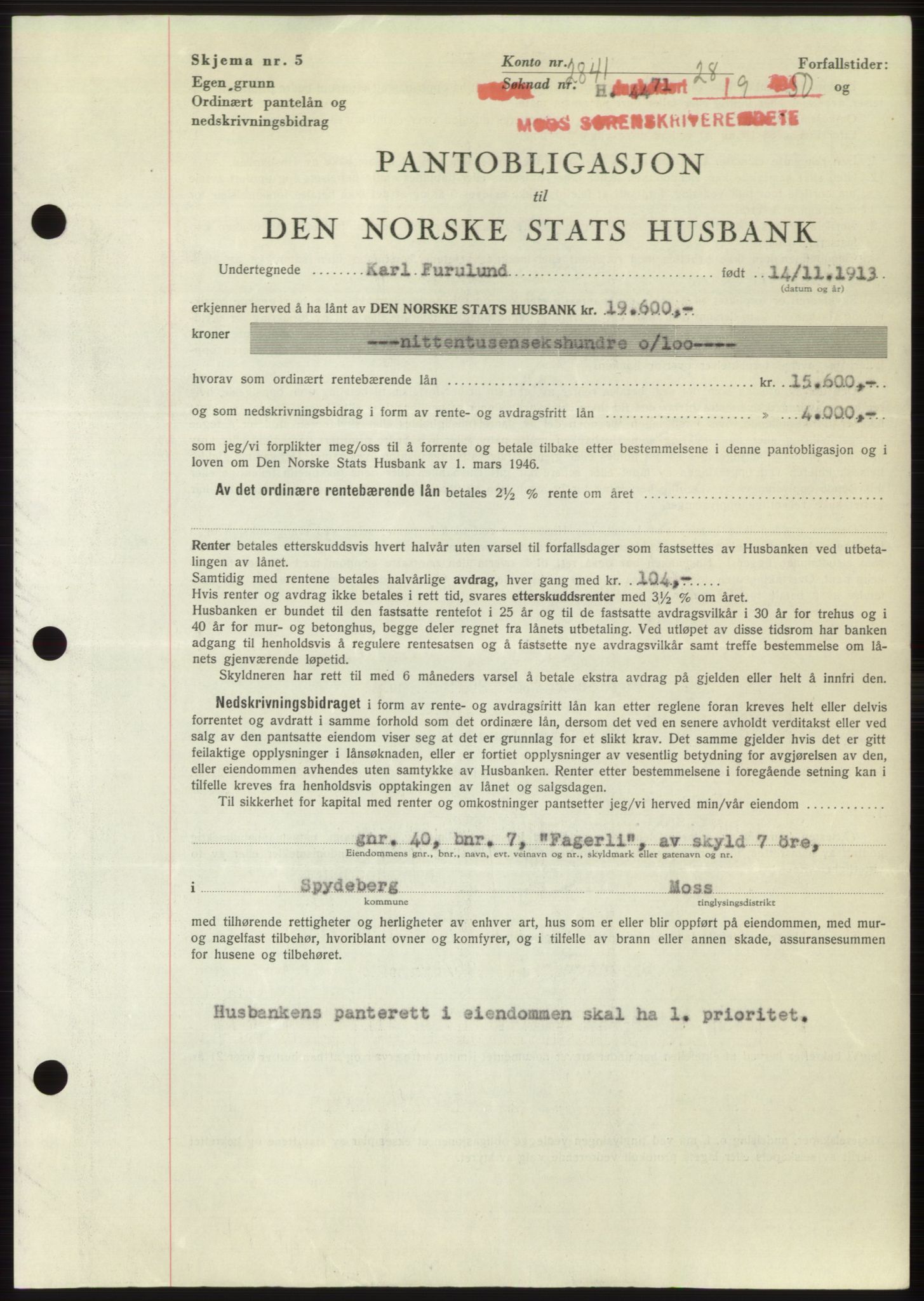 Moss sorenskriveri, SAO/A-10168: Pantebok nr. B25, 1950-1950, Dagboknr: 2841/1950