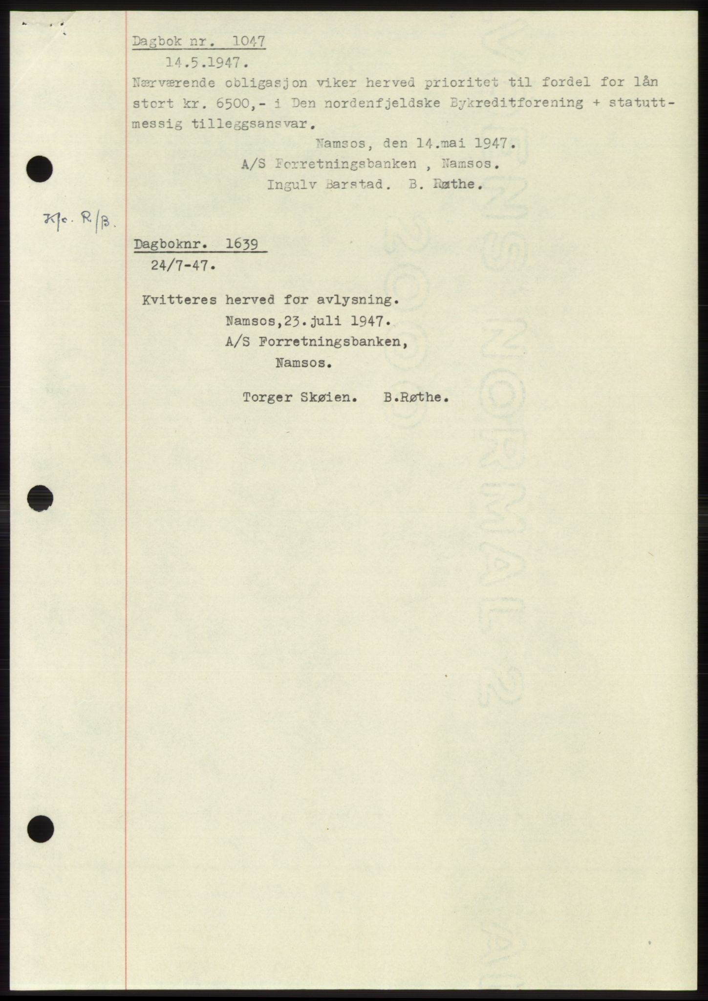 Namdal sorenskriveri, SAT/A-4133/1/2/2C: Pantebok nr. -, 1947-1947, Dagboknr: 1047/1947