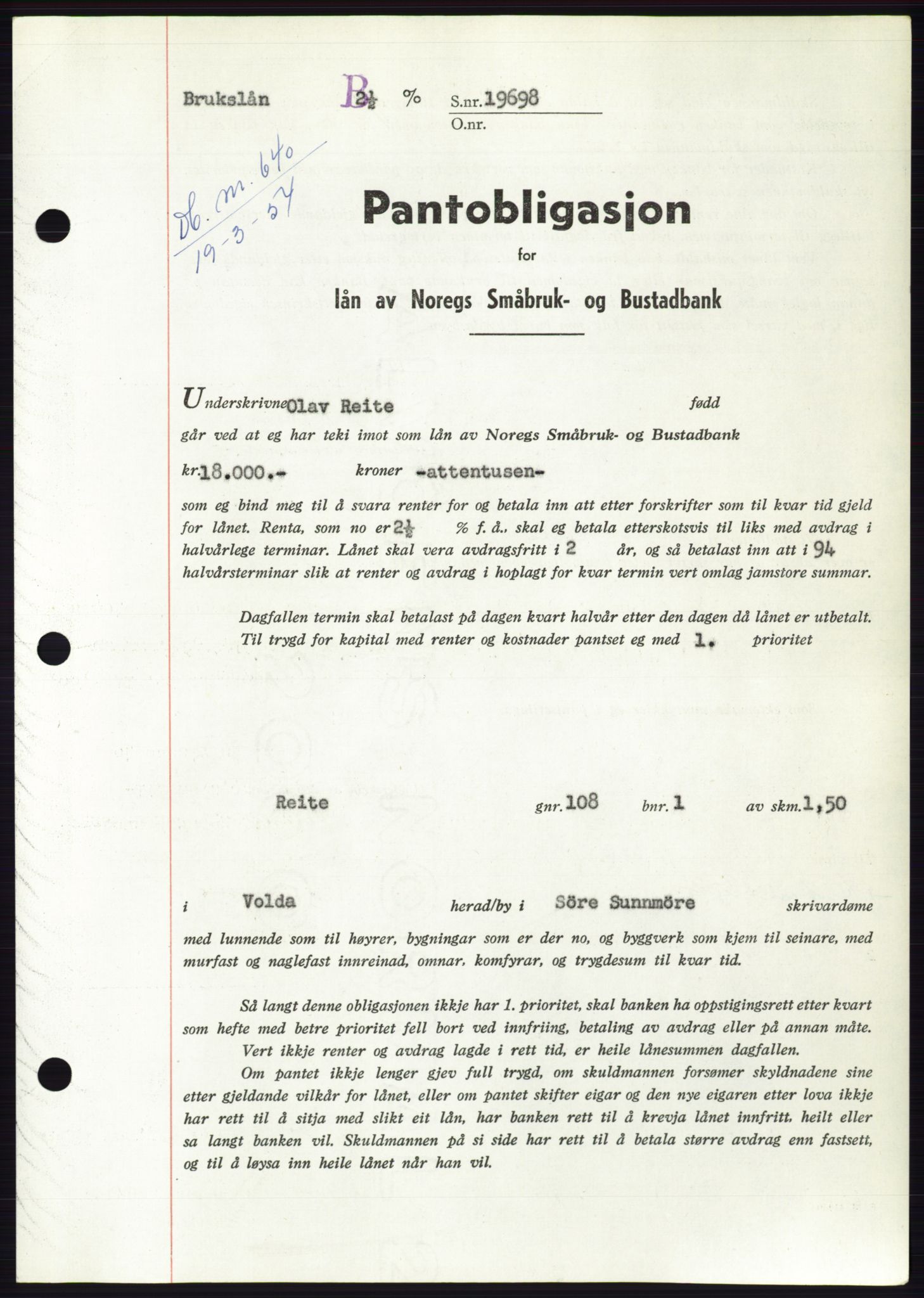 Søre Sunnmøre sorenskriveri, SAT/A-4122/1/2/2C/L0124: Pantebok nr. 12B, 1953-1954, Dagboknr: 640/1954