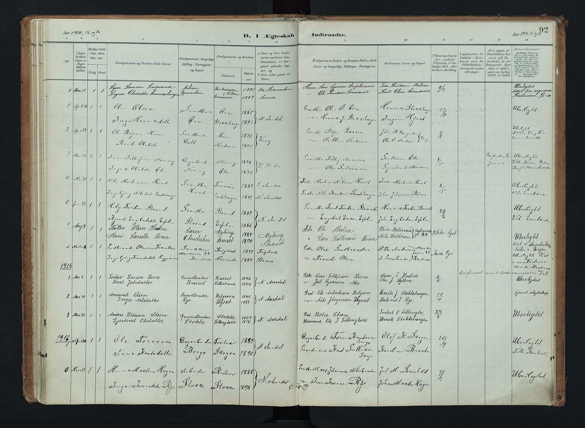 Nord-Aurdal prestekontor, SAH/PREST-132/H/Ha/Haa/L0016: Ministerialbok nr. 16, 1897-1925, s. 92