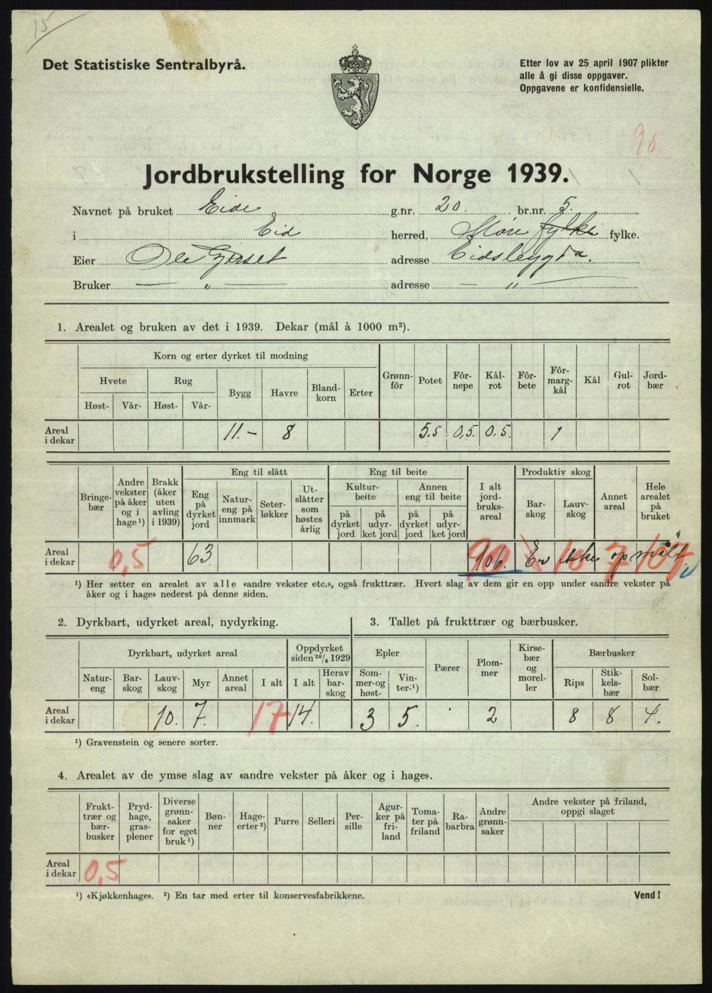 Statistisk sentralbyrå, Næringsøkonomiske emner, Jordbruk, skogbruk, jakt, fiske og fangst, AV/RA-S-2234/G/Gb/L0251: Møre og Romsdal: Voll, Eid, Grytten og Hen, 1939, s. 485