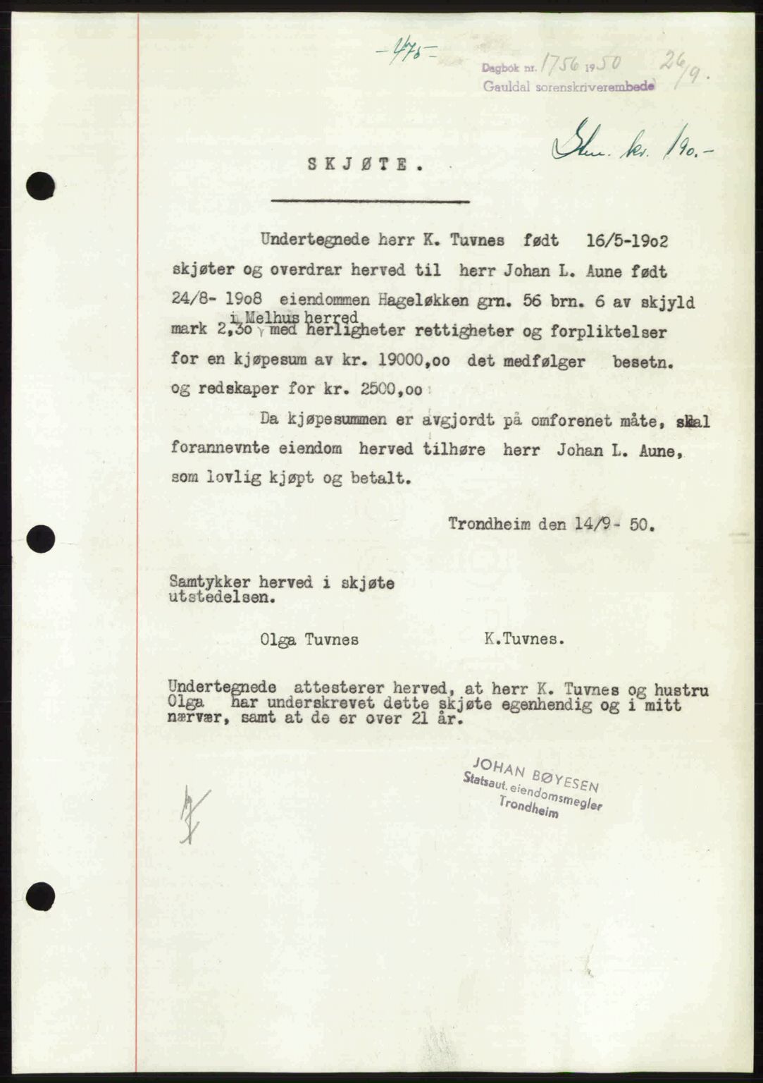 Gauldal sorenskriveri, SAT/A-0014/1/2/2C: Pantebok nr. A11, 1950-1950, Dagboknr: 1756/1950