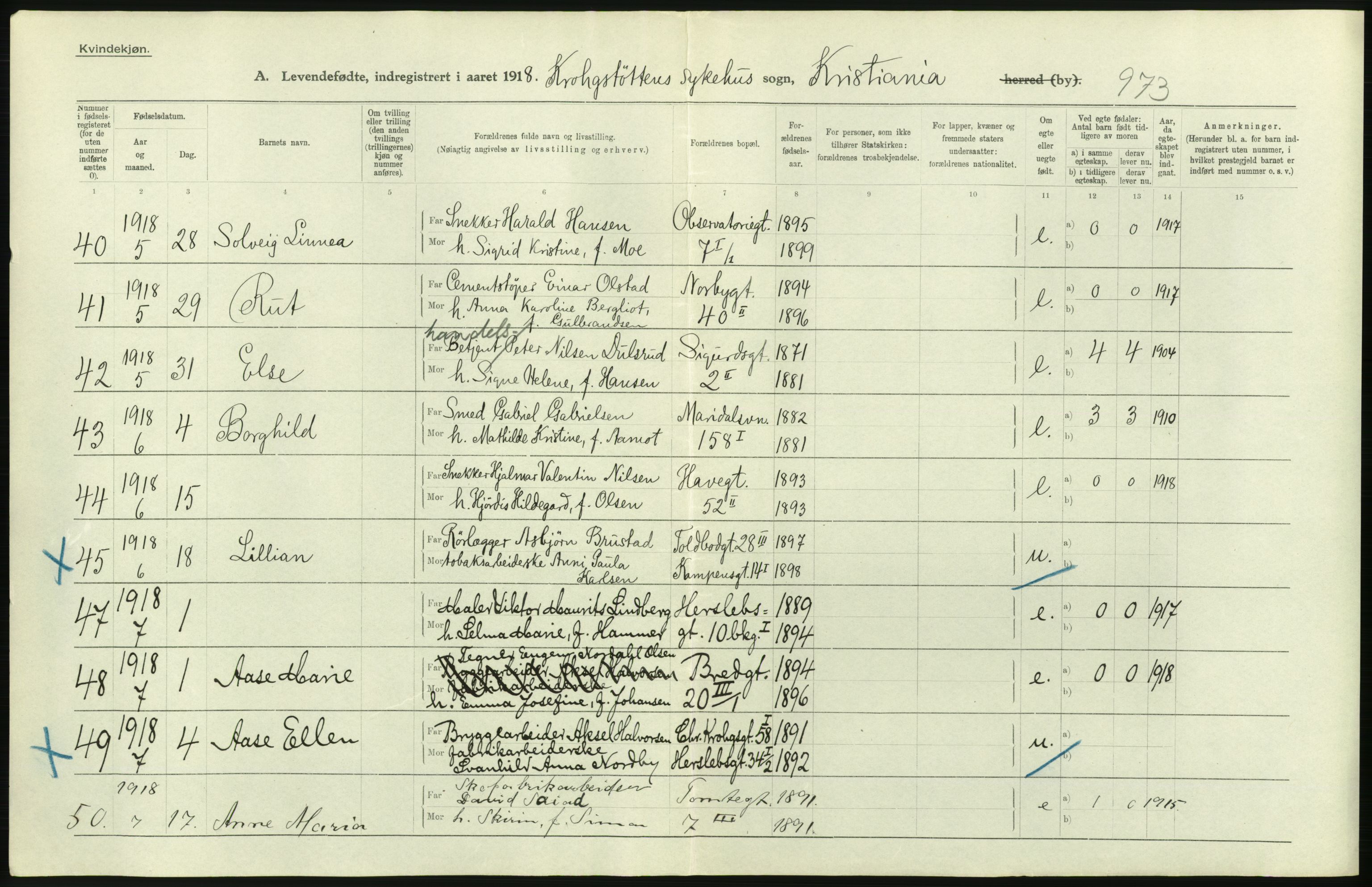 Statistisk sentralbyrå, Sosiodemografiske emner, Befolkning, AV/RA-S-2228/D/Df/Dfb/Dfbh/L0007: Kristiania: Levendefødte menn og kvinner., 1918, s. 10