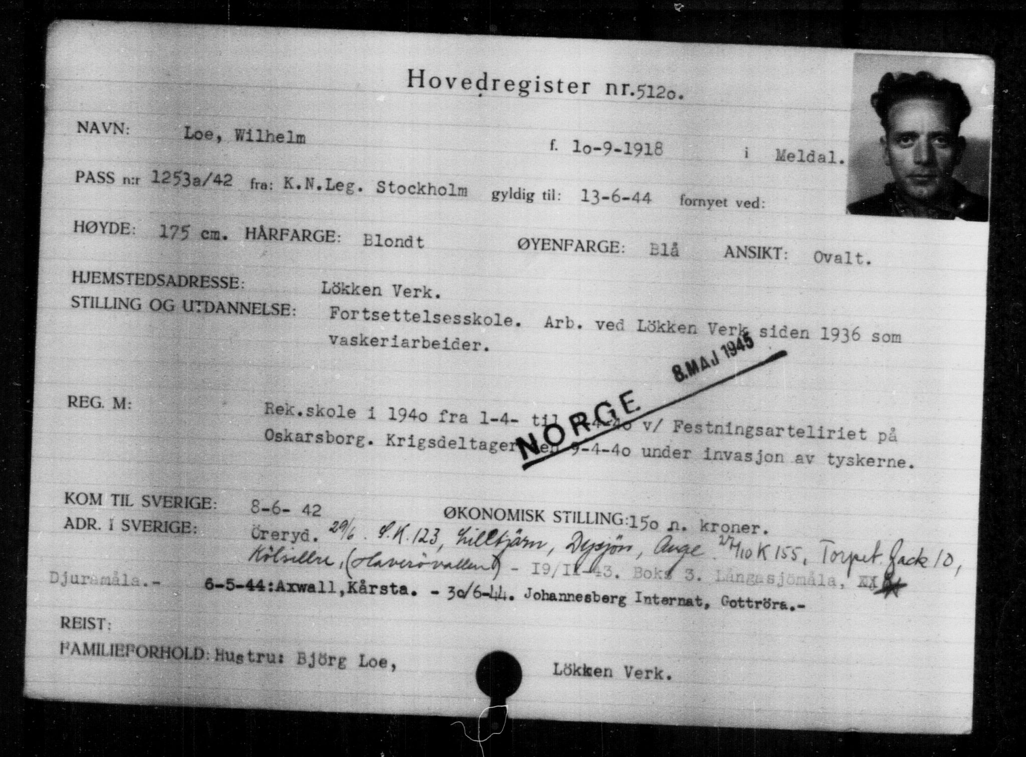 Utenriksstasjonene, Legasjonen i Stockholm, Flyktningkontoret, AV/RA-S-6753/V/Va/L0004: Kjesäterkartoteket, flyktninger med registreringsnr. 3496-6610, 1940-1945, s. 1913