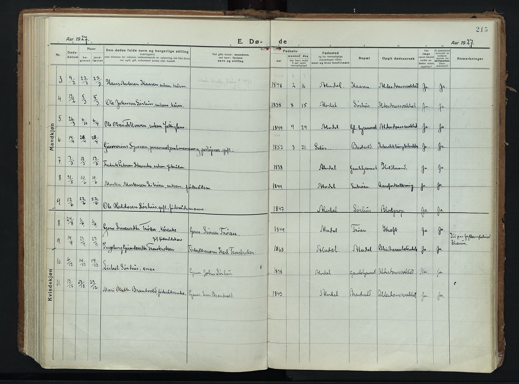 Alvdal prestekontor, AV/SAH-PREST-060/H/Ha/Haa/L0006: Ministerialbok nr. 6, 1920-1937, s. 215