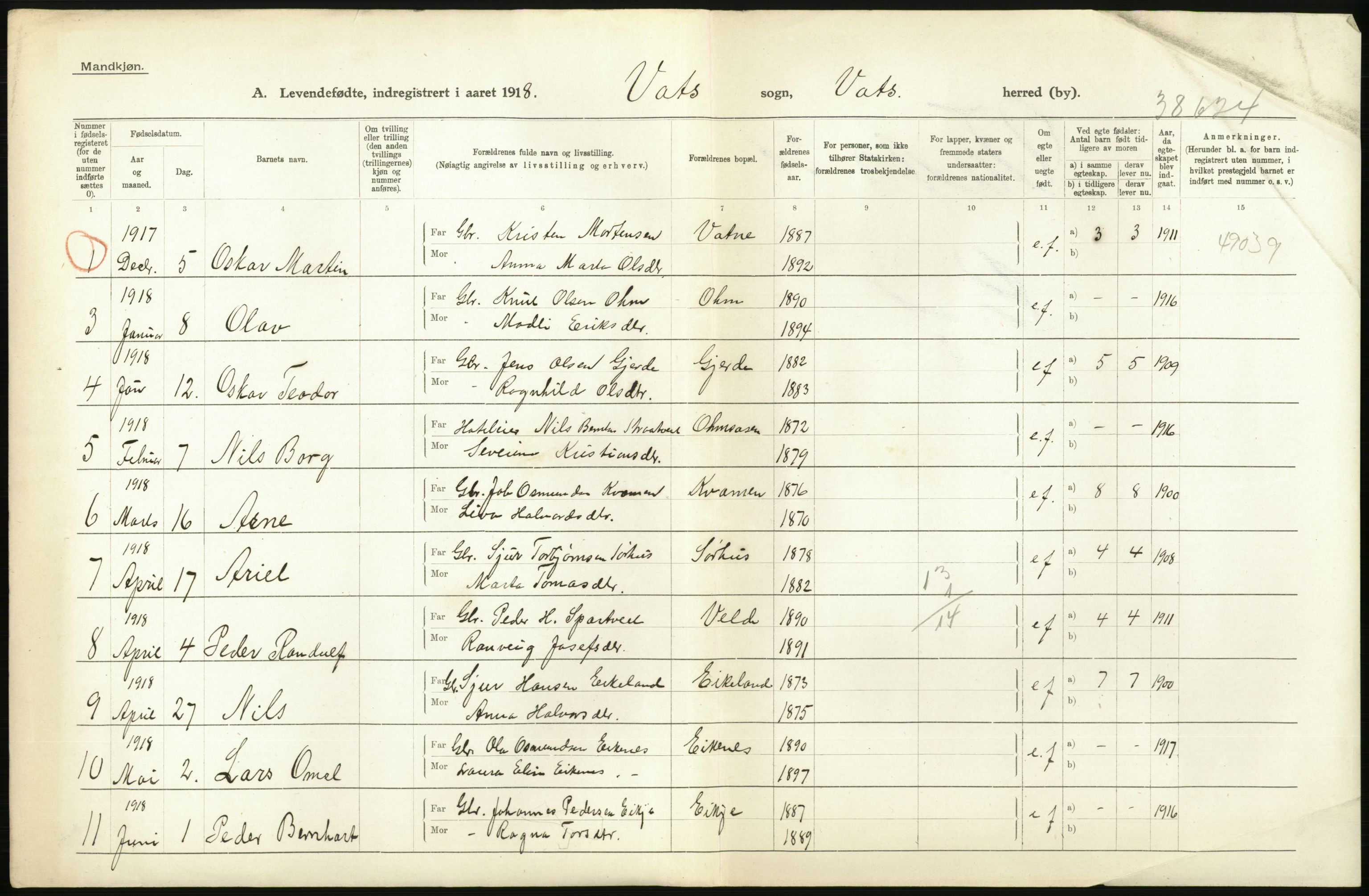 Statistisk sentralbyrå, Sosiodemografiske emner, Befolkning, RA/S-2228/D/Df/Dfb/Dfbh/L0031: Rogaland fylke: Levendefødte menn og kvinner. Bygder., 1918