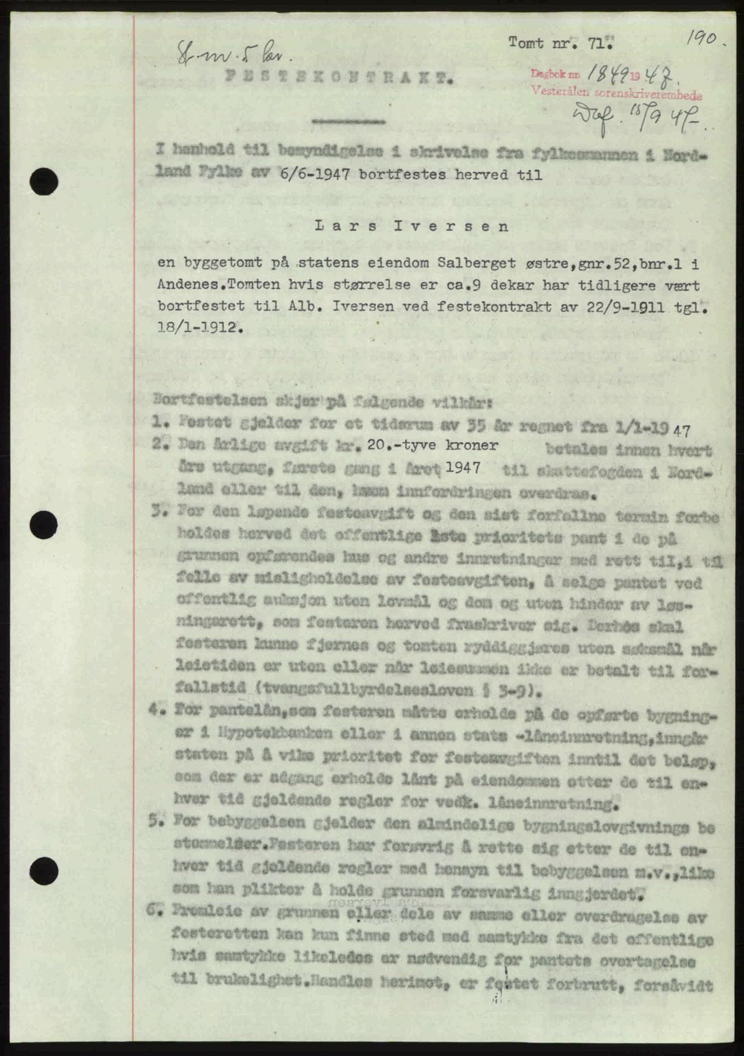 Vesterålen sorenskriveri, SAT/A-4180/1/2/2Ca: Pantebok nr. A21, 1947-1947, Dagboknr: 1849/1947