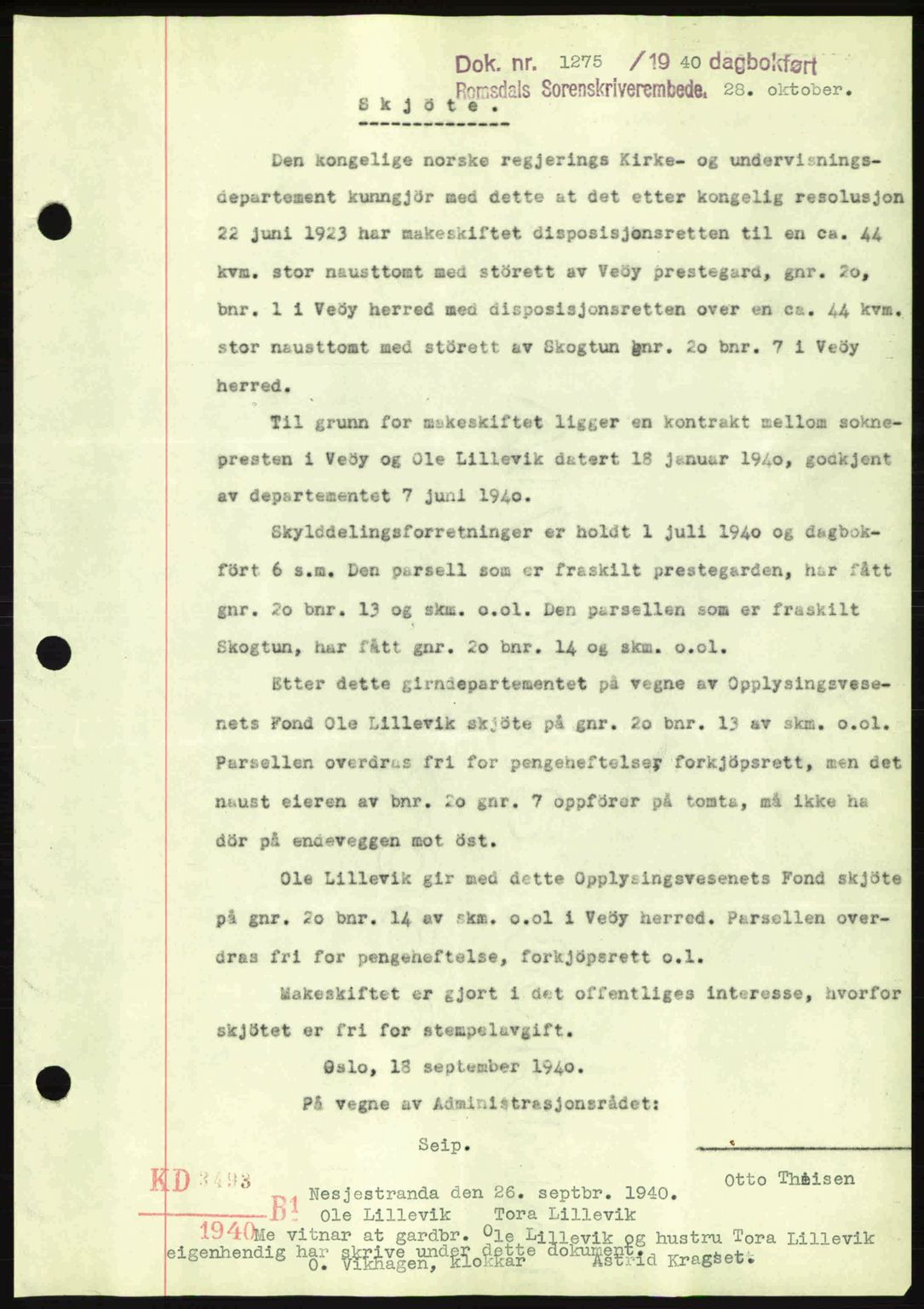 Romsdal sorenskriveri, SAT/A-4149/1/2/2C: Pantebok nr. A9, 1940-1941, Dagboknr: 1275/1940