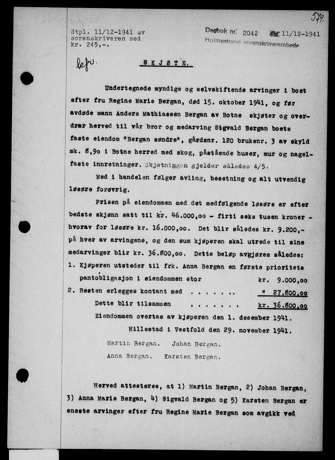 Holmestrand sorenskriveri, SAKO/A-67/G/Ga/Gaa/L0054: Pantebok nr. A-54, 1941-1942, Dagboknr: 2042/1941