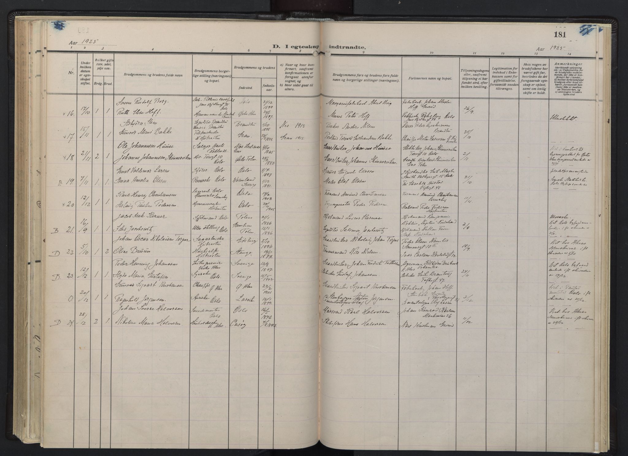 Østre Aker prestekontor Kirkebøker, AV/SAO-A-10840/F/Fb/L0002: Ministerialbok nr. II 2, 1918-1930, s. 181