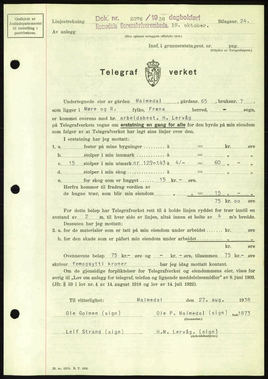 Romsdal sorenskriveri, SAT/A-4149/1/2/2C: Pantebok nr. A5, 1938-1938, Dagboknr: 2076/1938