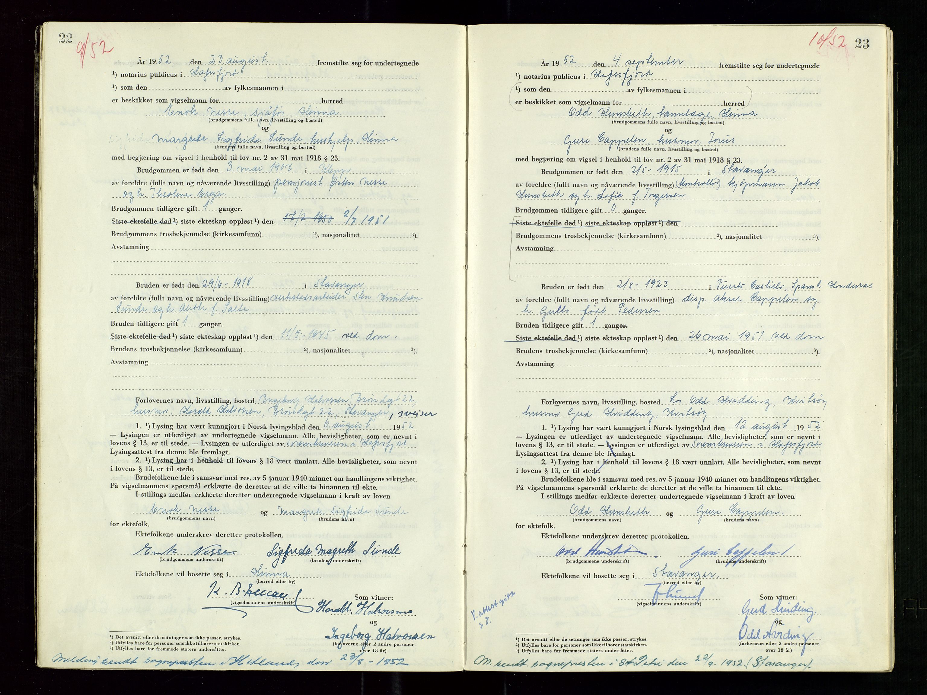 Hafrsfjord sorenskriveri, AV/SAST-A-100313/I/Ic/L0001: "Vigsels-bok", 1951-1959, s. 22-23