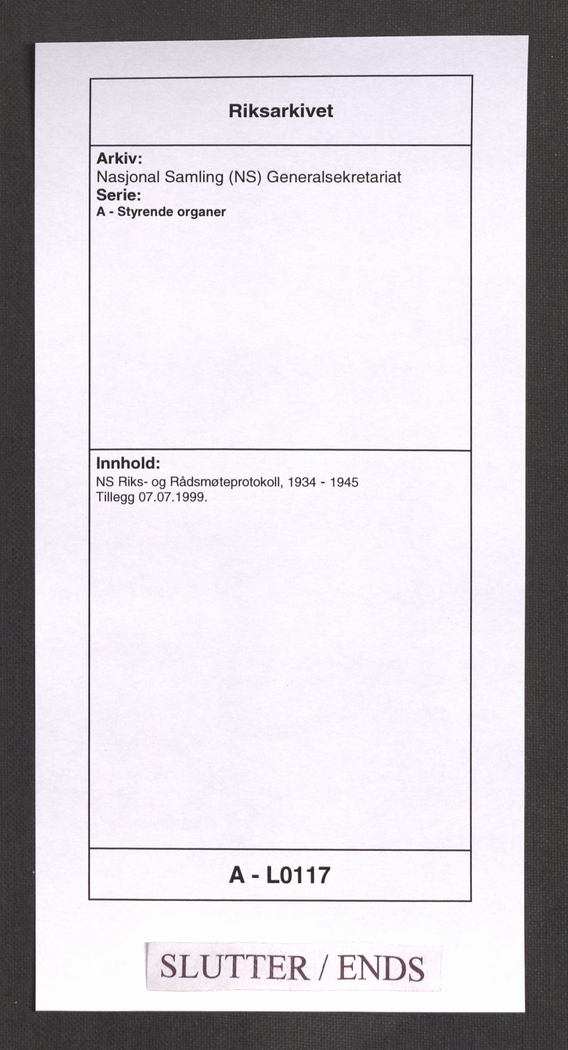 Nasjonal Samling (NS) Generalsekretariat, AV/RA-PA-0759/A/L0117: NS Riks- og Rådsmøteprotokoll, 1934-1945