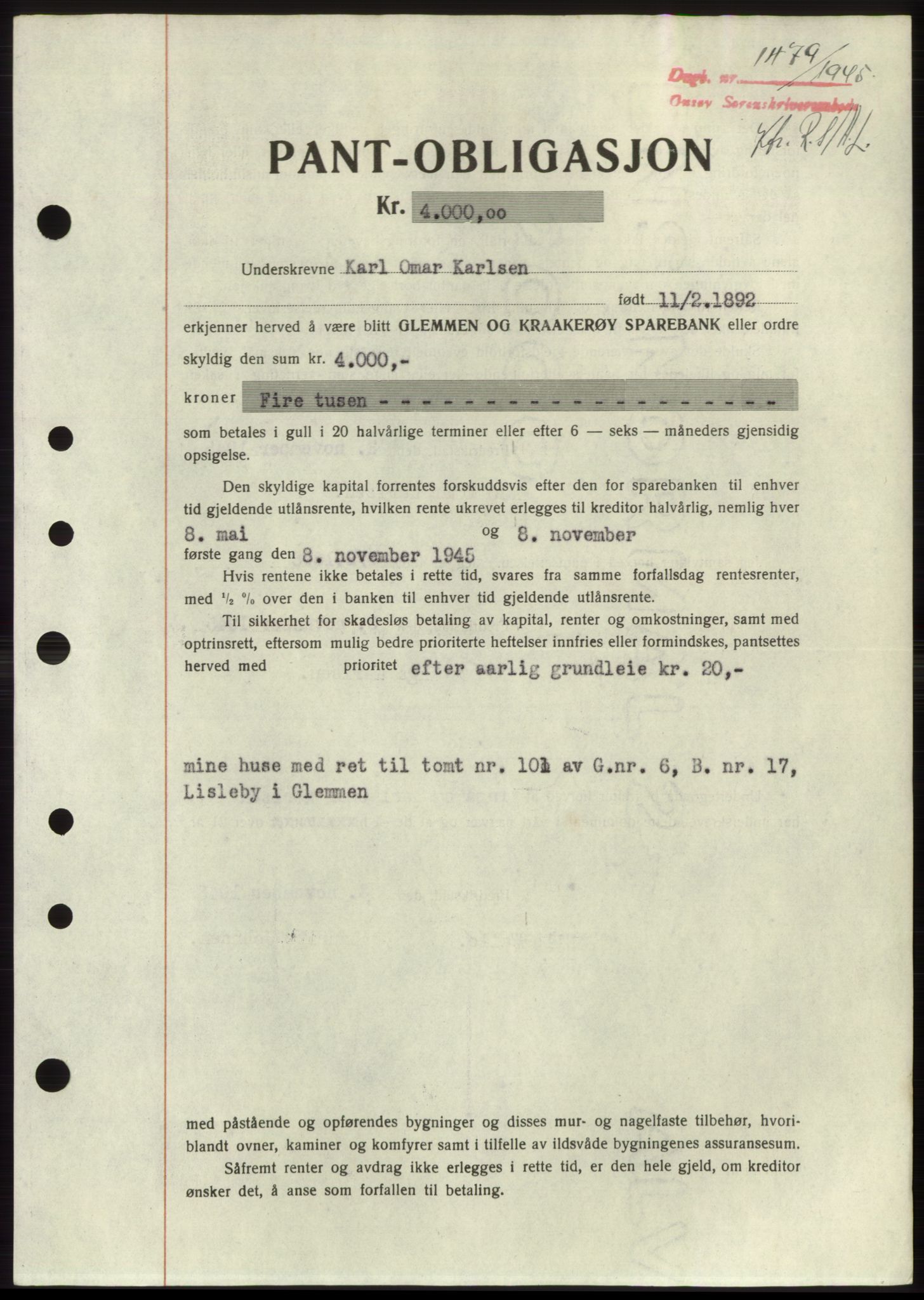 Onsøy sorenskriveri, SAO/A-10474/G/Ga/Gac/L0004: Pantebok nr. B4, 1944-1946, Dagboknr: 1479/1945