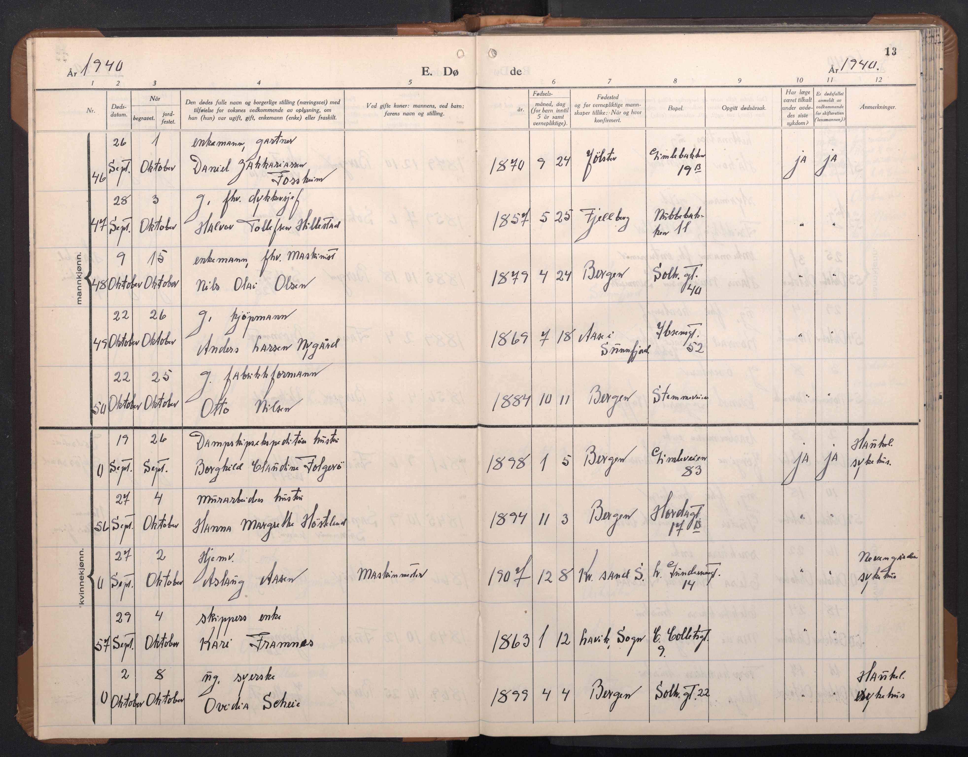 Årstad Sokneprestembete, AV/SAB-A-79301/H/Hab/L0026: Klokkerbok nr. D 3, 1940-1950, s. 12b-13a