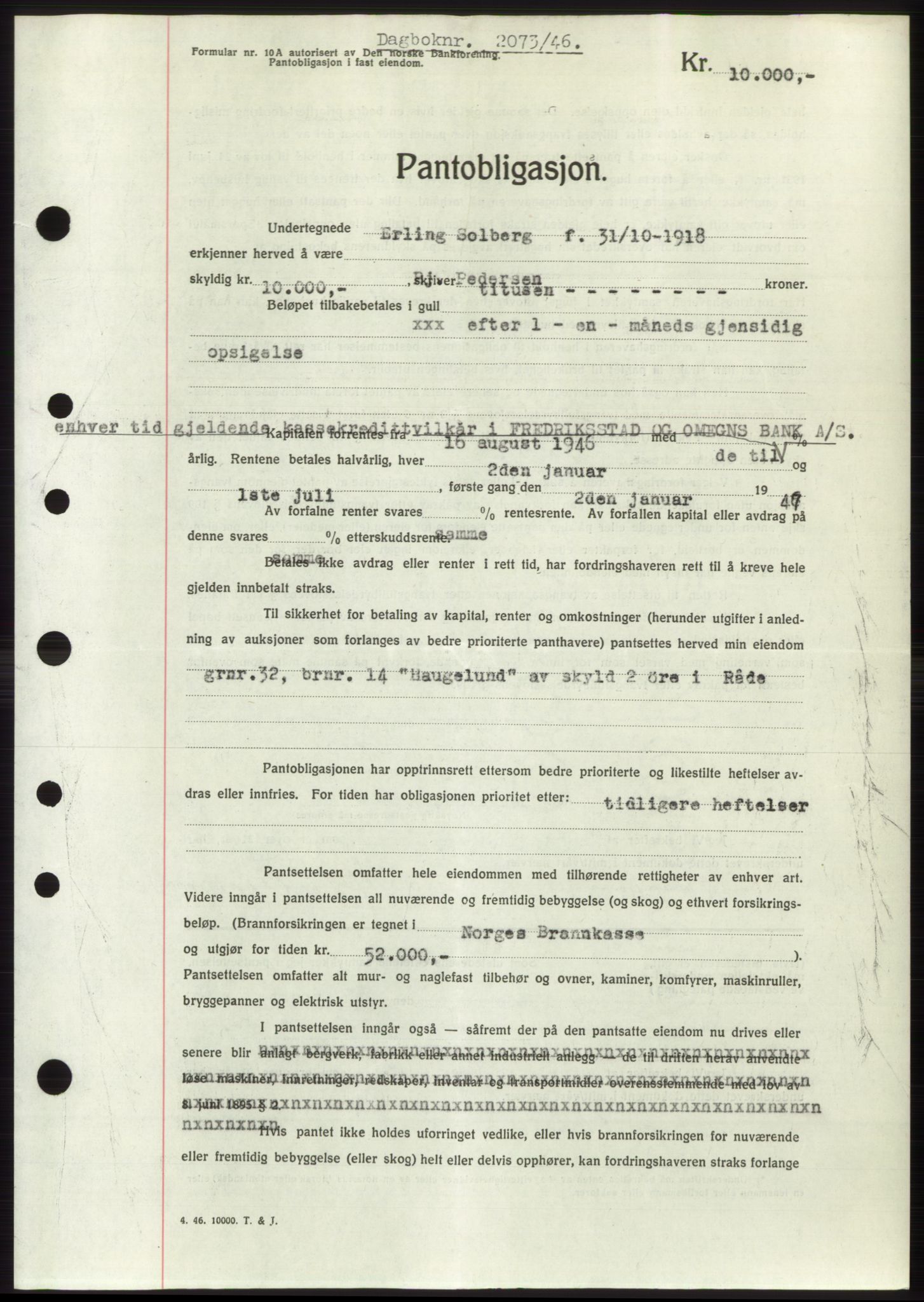 Moss sorenskriveri, SAO/A-10168: Pantebok nr. B15, 1946-1946, Dagboknr: 2073/1946