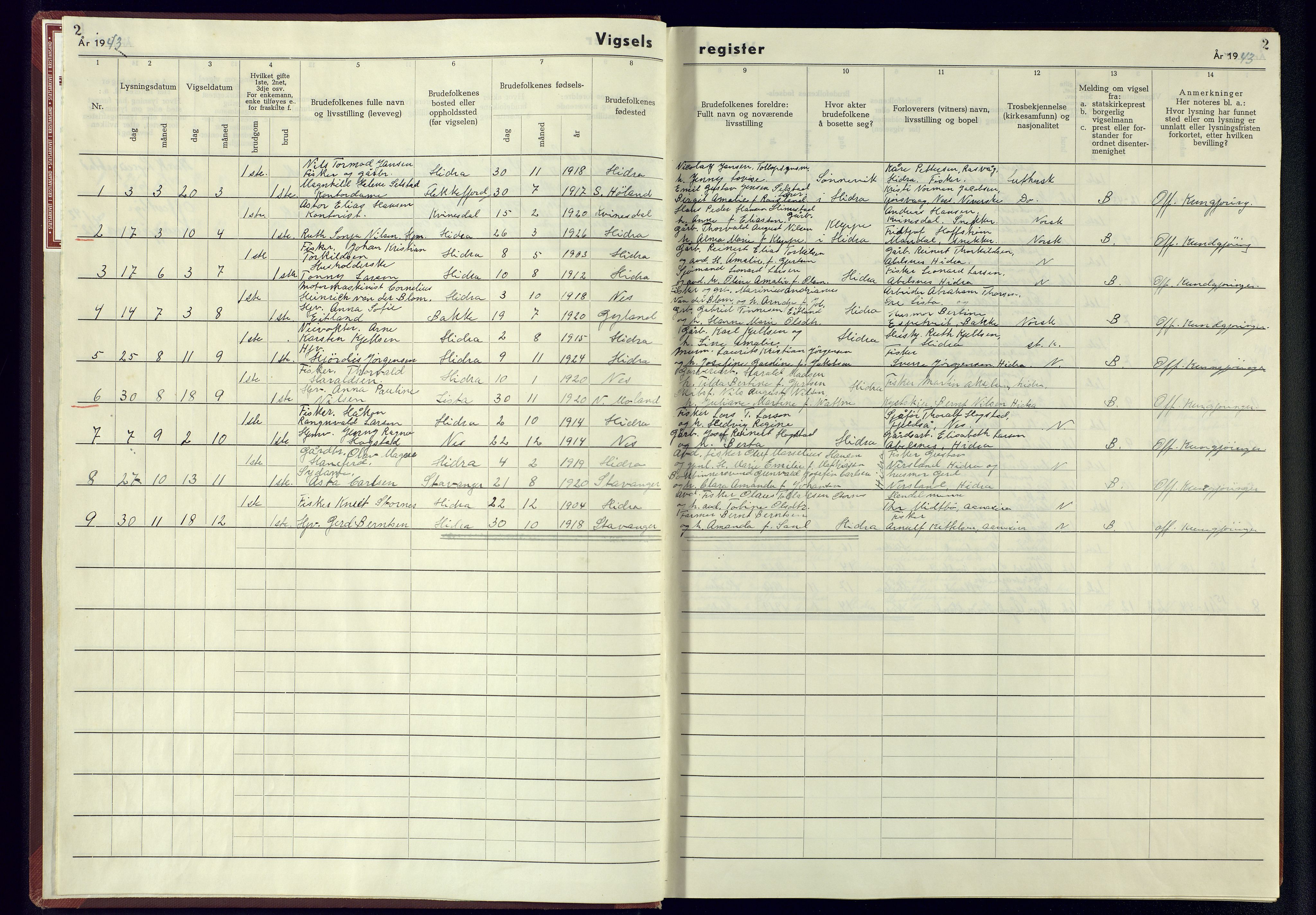 Flekkefjord sokneprestkontor, AV/SAK-1111-0012/J/Jb/L0006: Vigselsregister nr. A-VI-7, 1942-1945, s. 2