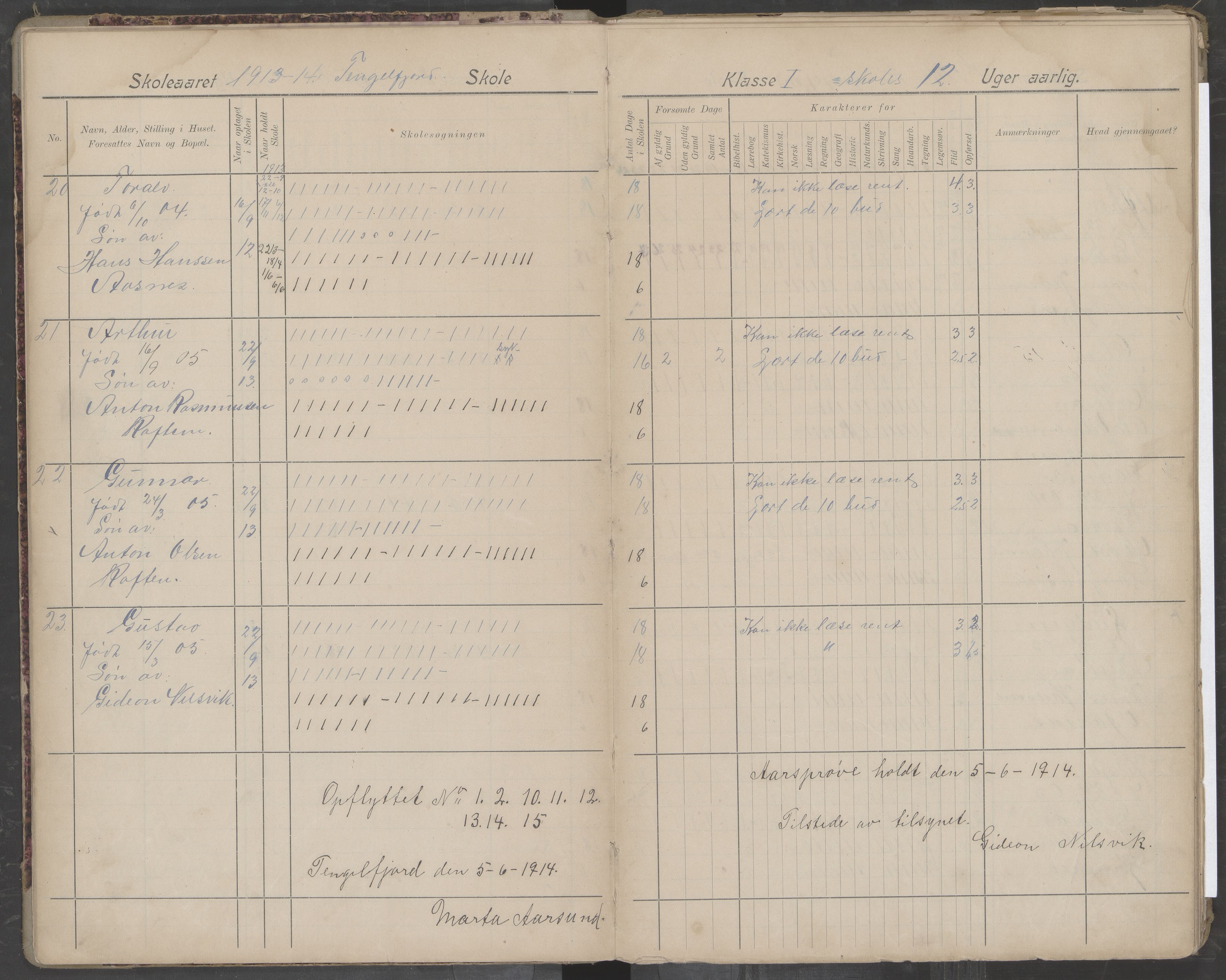 Hadsel kommune. Tengelfjord skolekrets, AIN/K-18660.510.04/G/L0002: Skoleprotokoll for Tengelfjord skole, 1913-1920