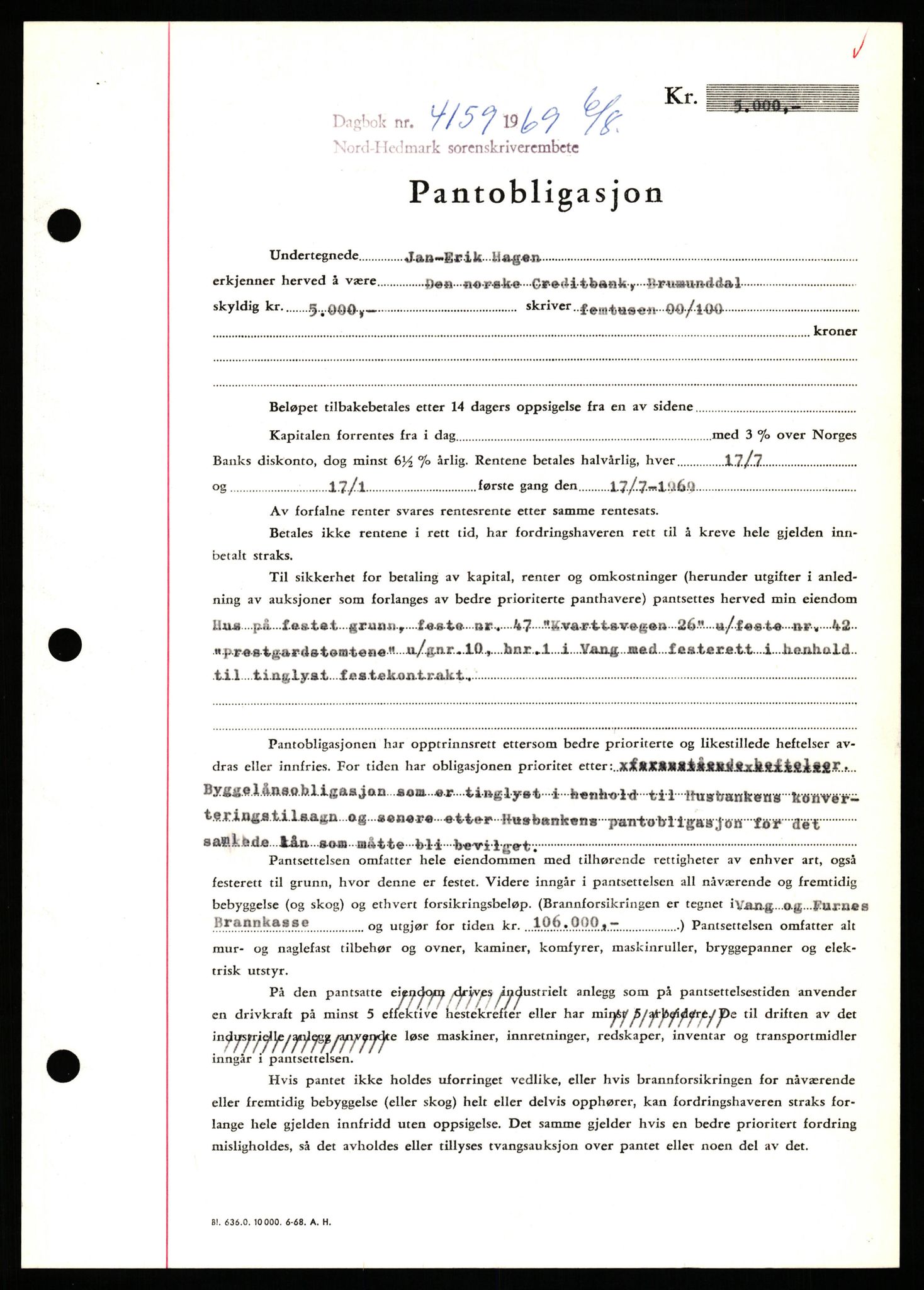 Nord-Hedmark sorenskriveri, SAH/TING-012/H/Hb/Hbf/L0080: Pantebok nr. B80, 1969-1969, Dagboknr: 4159/1969