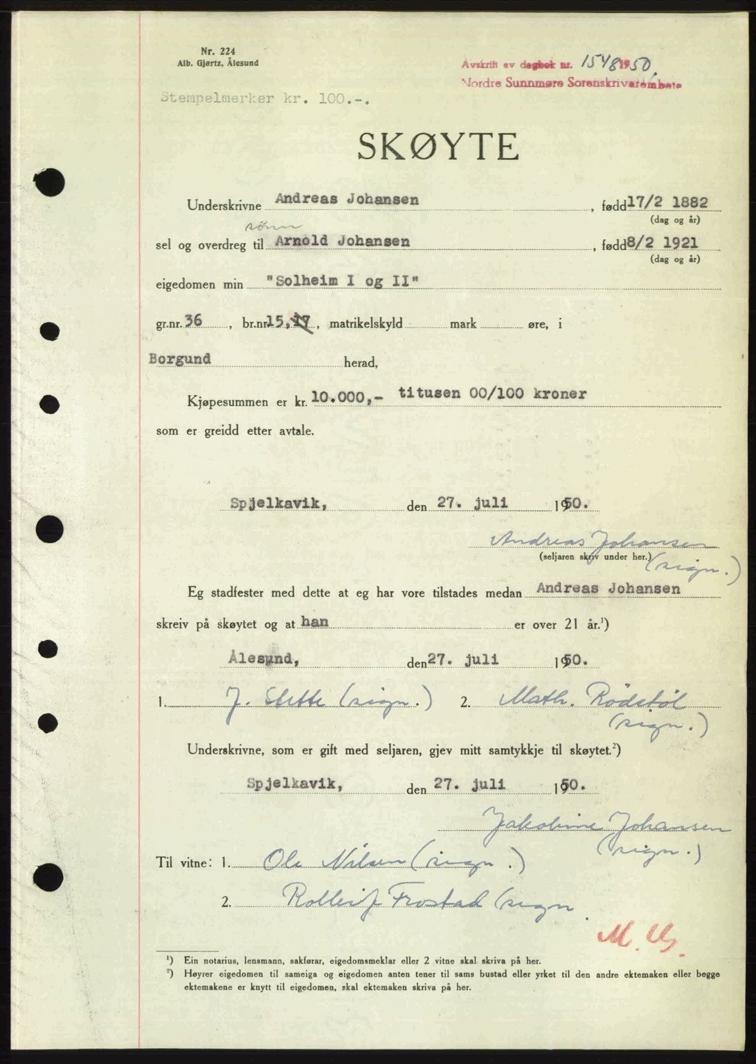 Nordre Sunnmøre sorenskriveri, SAT/A-0006/1/2/2C/2Ca: Pantebok nr. A35, 1950-1950, Dagboknr: 1548/1950