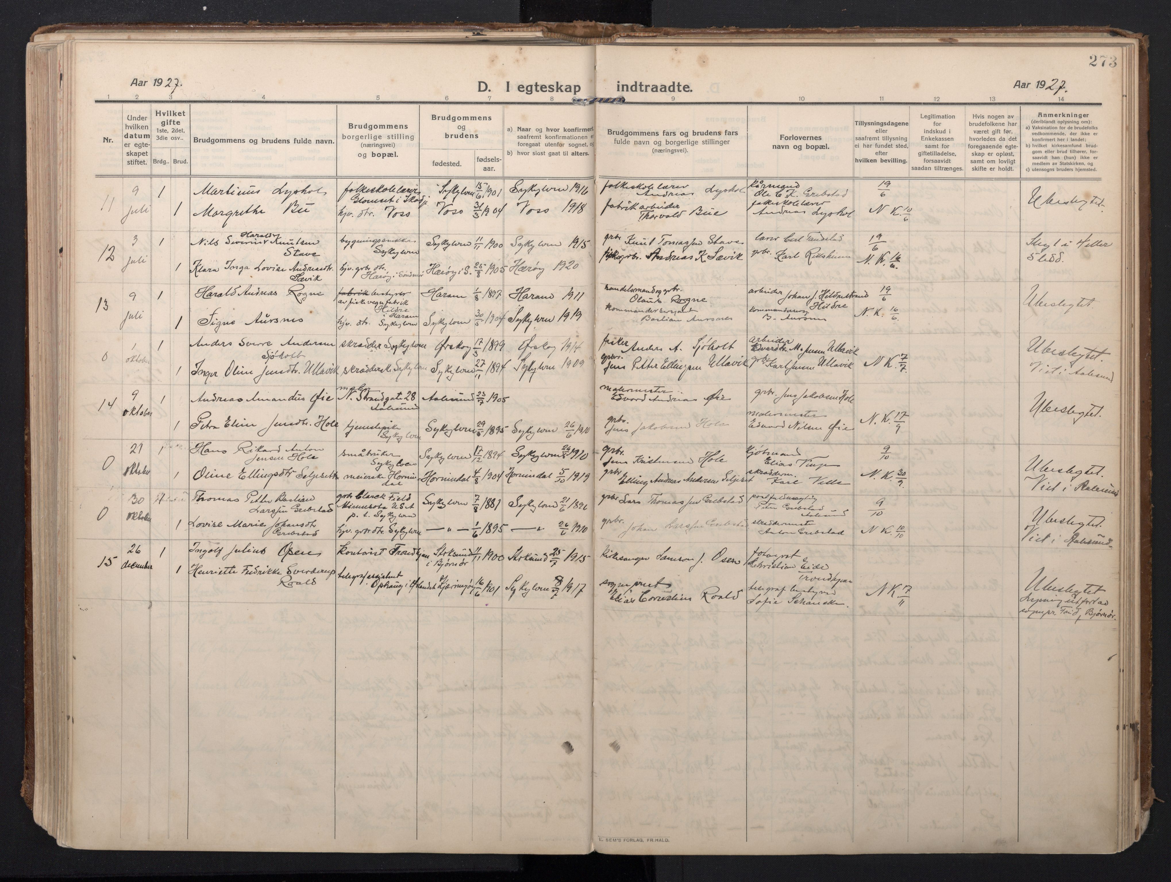 Ministerialprotokoller, klokkerbøker og fødselsregistre - Møre og Romsdal, AV/SAT-A-1454/523/L0337: Ministerialbok nr. 523A04, 1911-1929, s. 273
