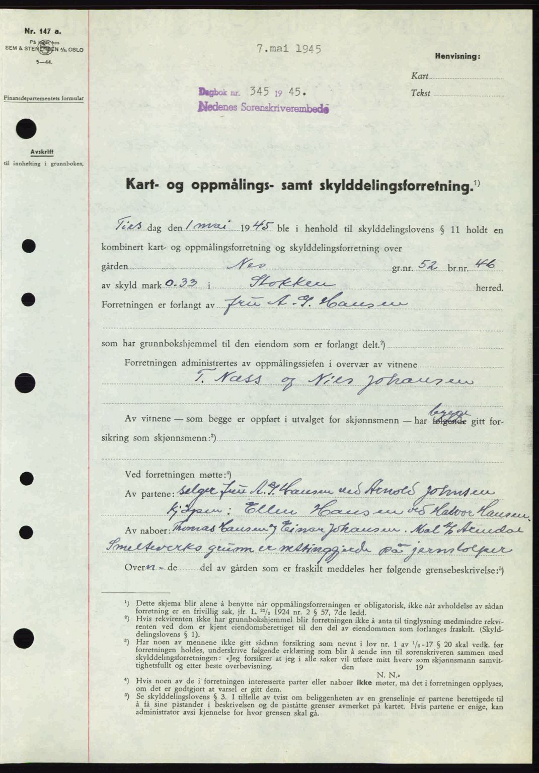 Nedenes sorenskriveri, SAK/1221-0006/G/Gb/Gba/L0052: Pantebok nr. A6a, 1944-1945, Dagboknr: 345/1945