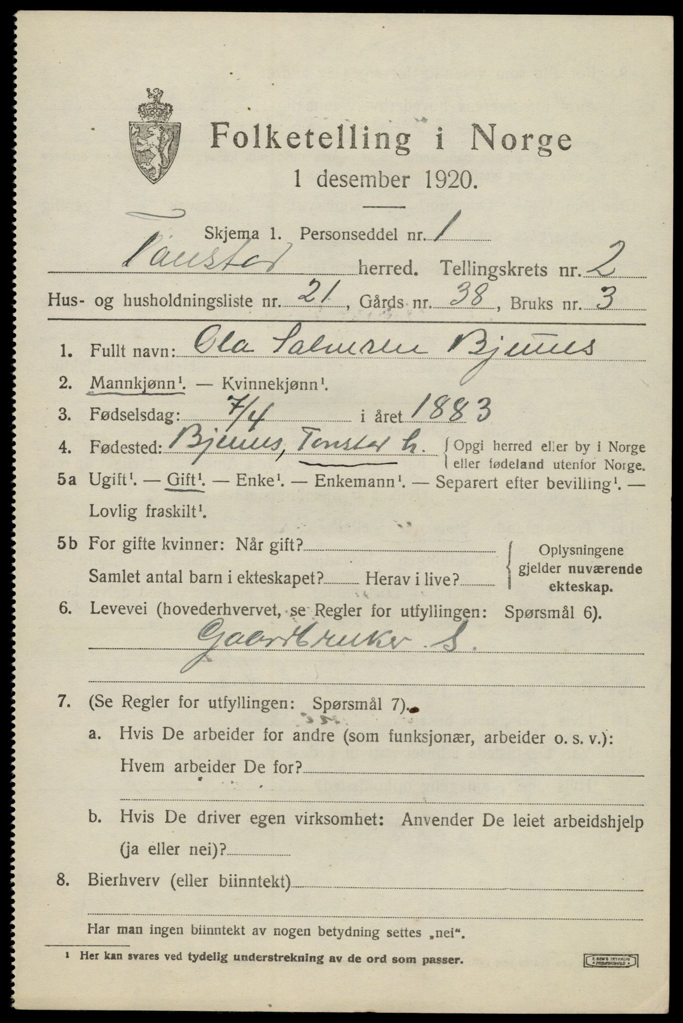 SAK, Folketelling 1920 for 1046 Tonstad herred, 1920, s. 982