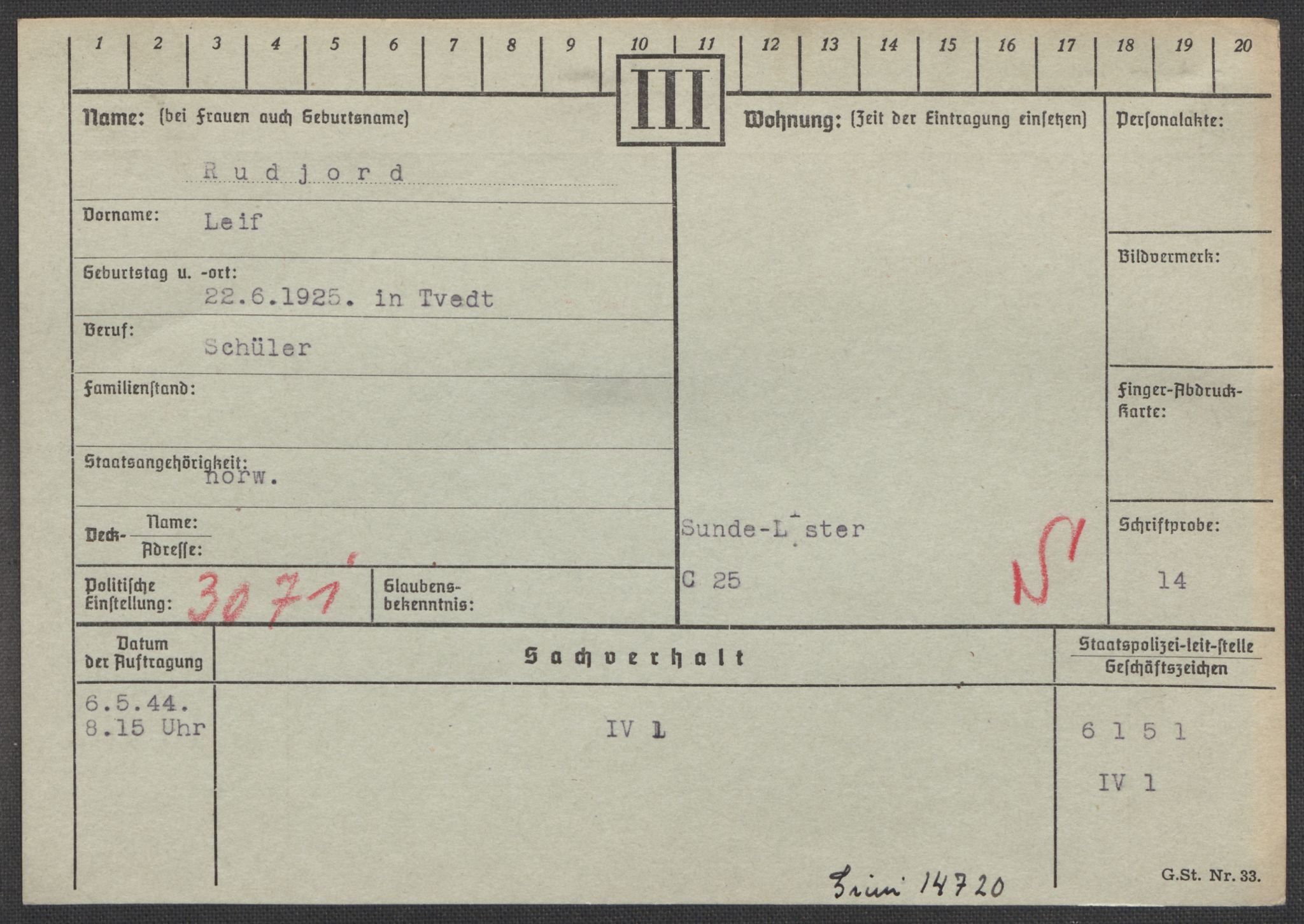 Befehlshaber der Sicherheitspolizei und des SD, RA/RAFA-5969/E/Ea/Eaa/L0009: Register over norske fanger i Møllergata 19: Ru-Sy, 1940-1945, s. 8