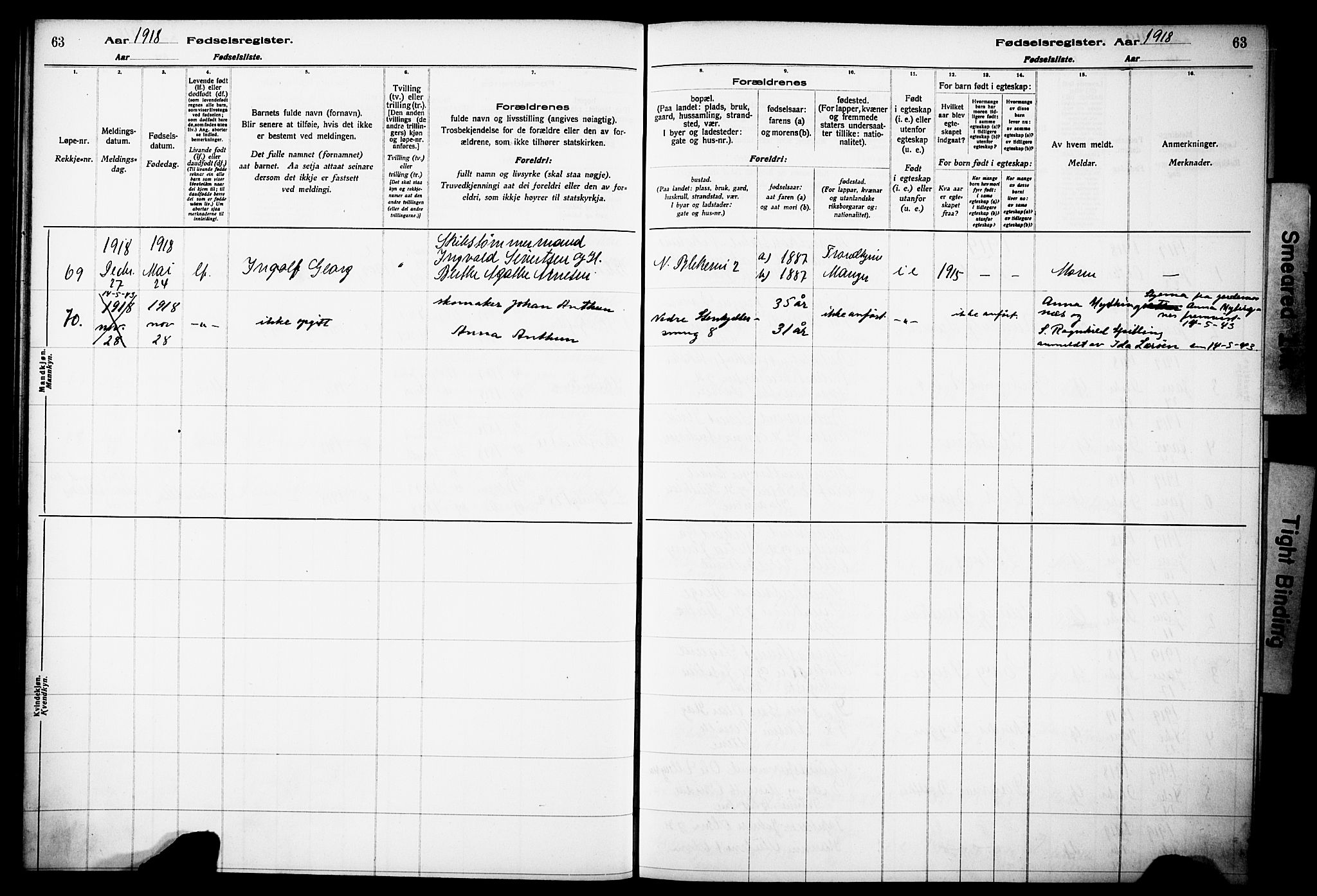 Korskirken sokneprestembete, AV/SAB-A-76101/I/Id/L00A1: Fødselsregister nr. A 1, 1916-1929, s. 63