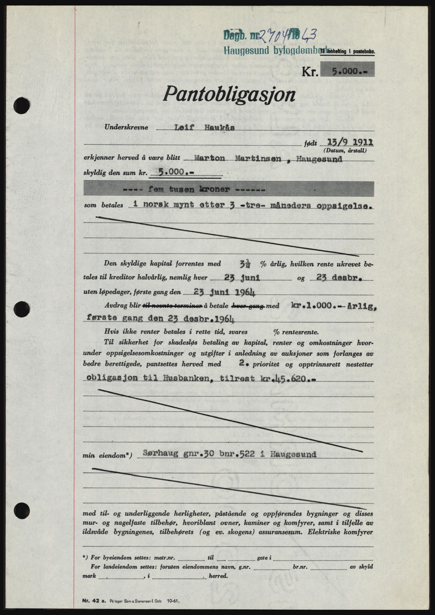 Haugesund tingrett, SAST/A-101415/01/II/IIC/L0051: Pantebok nr. B 51, 1963-1964, Dagboknr: 2704/1963