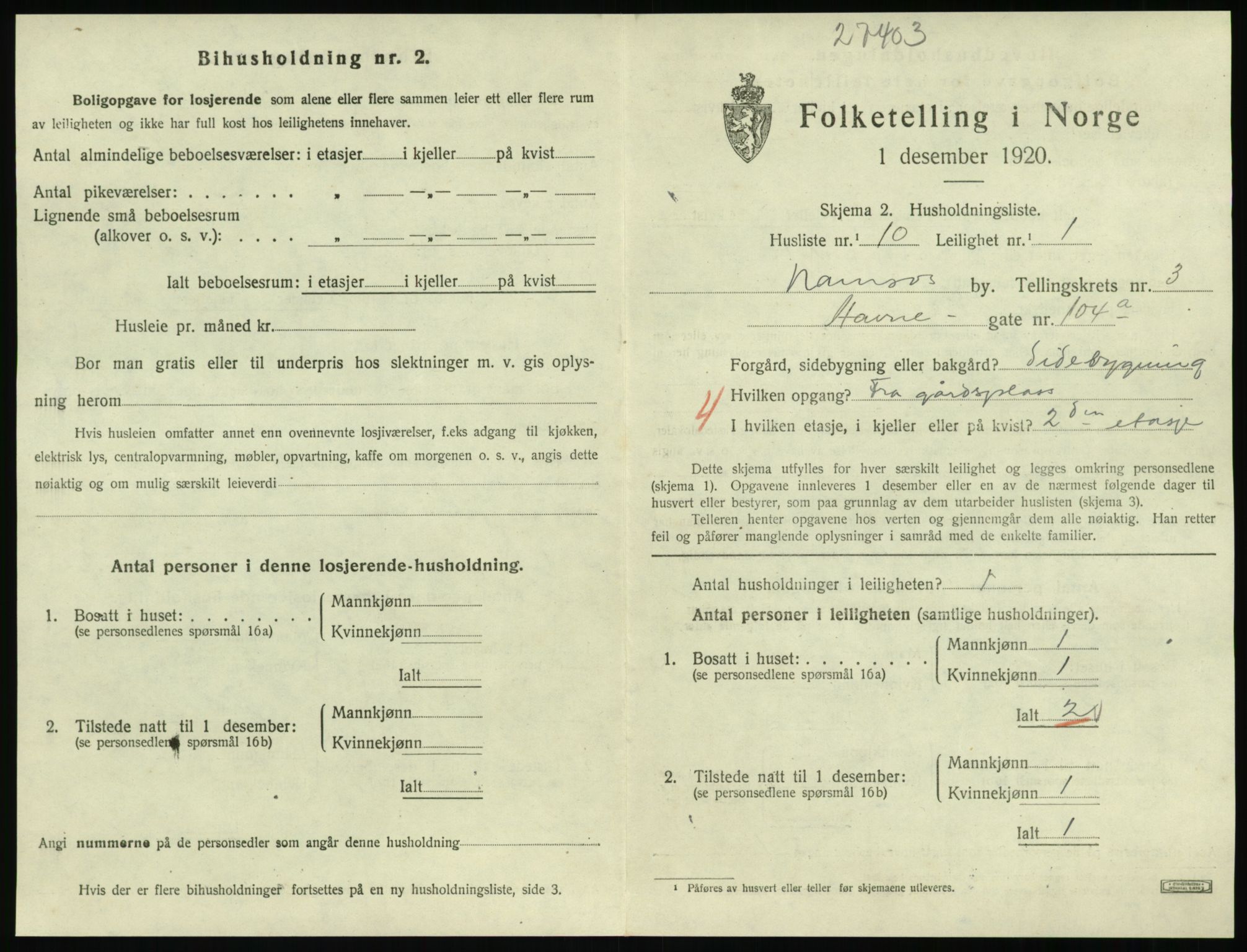 SAT, Folketelling 1920 for 1703 Namsos ladested, 1920, s. 1161