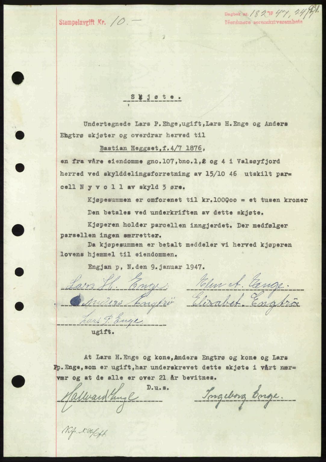 Nordmøre sorenskriveri, SAT/A-4132/1/2/2Ca: Pantebok nr. A103, 1946-1947, Dagboknr: 182/1947