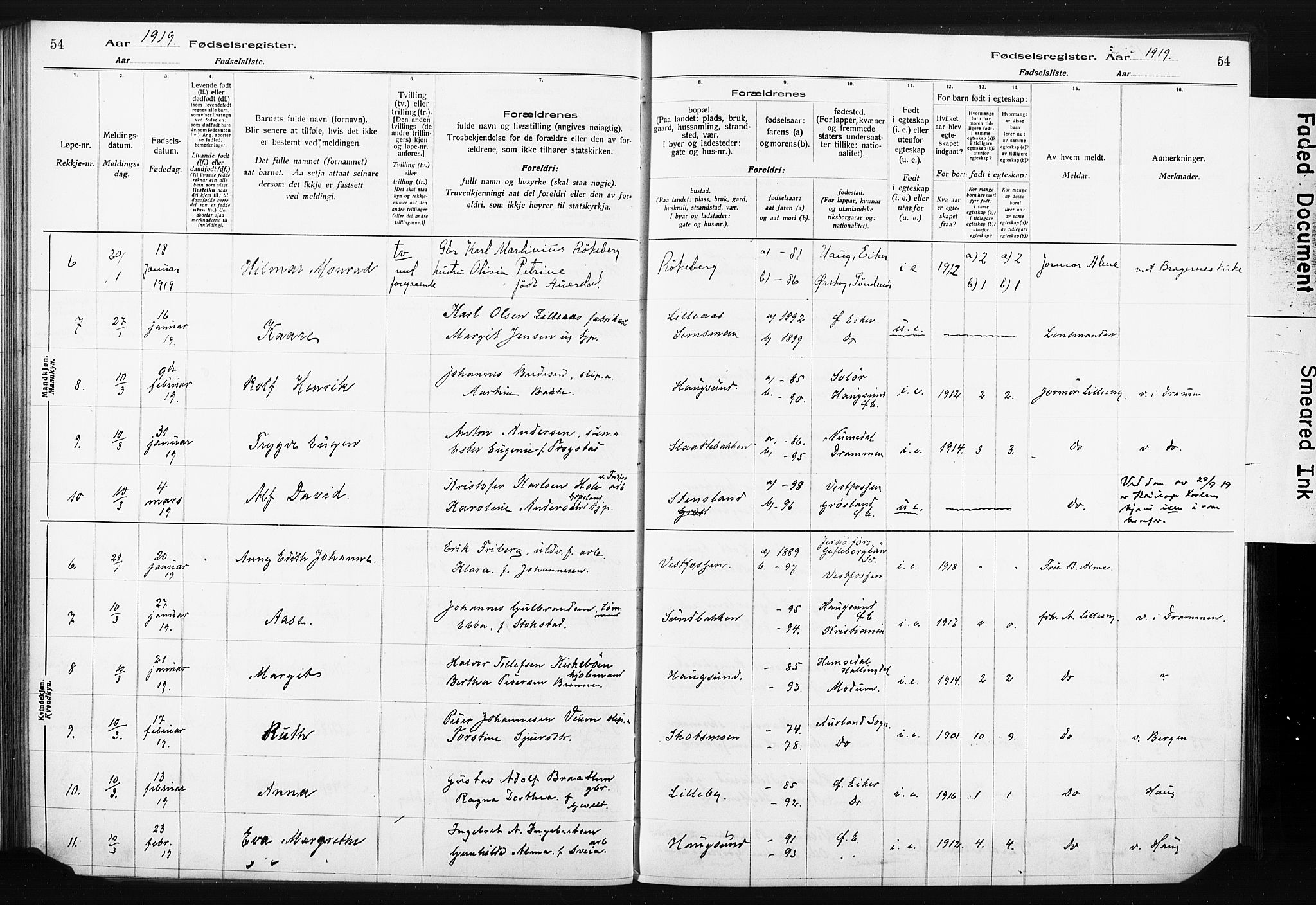 Eiker kirkebøker, AV/SAKO-A-4/J/Ja/L0001: Fødselsregister nr. I 1, 1916-1927, s. 54