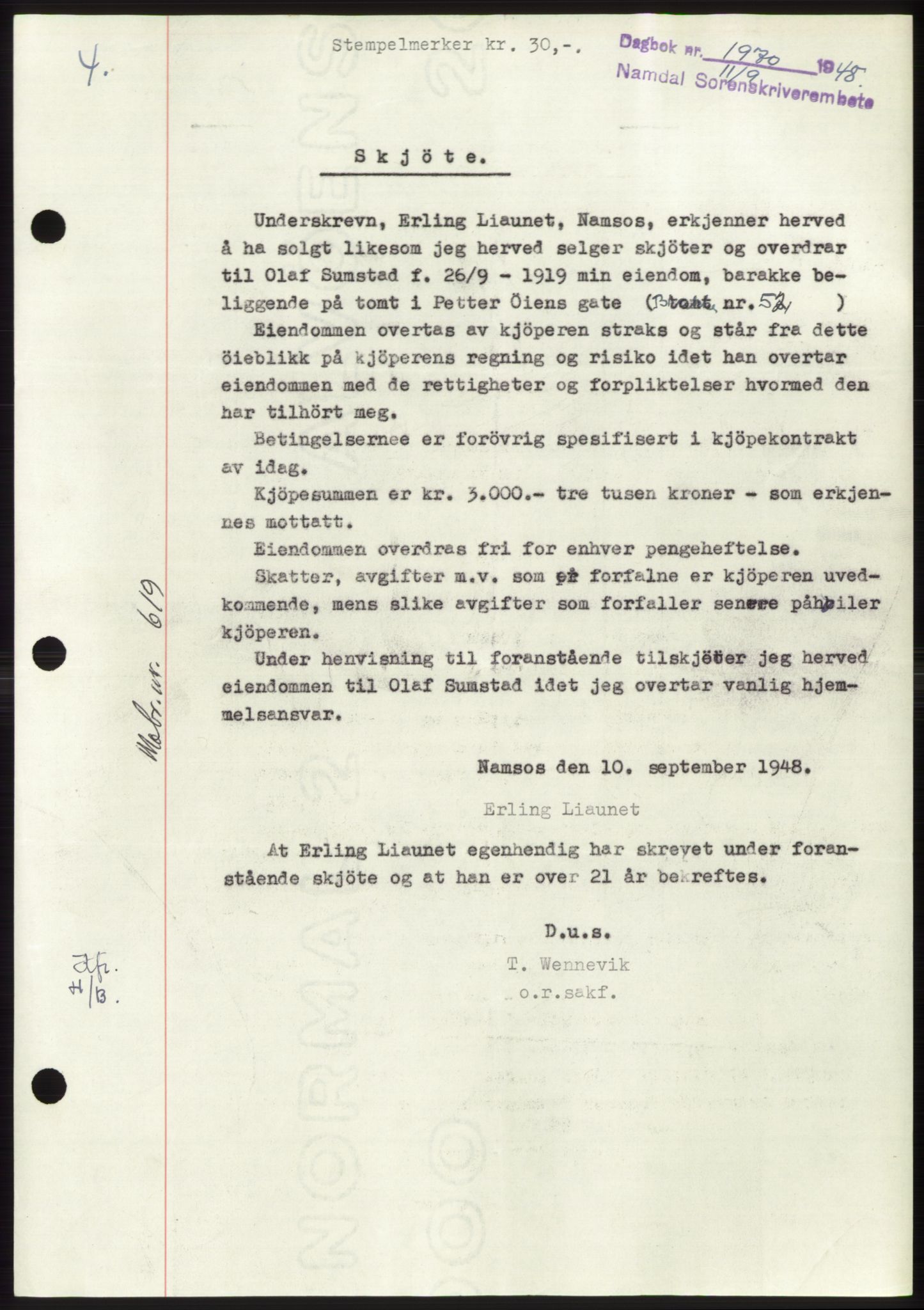 Namdal sorenskriveri, SAT/A-4133/1/2/2C: Pantebok nr. -, 1948-1948, Dagboknr: 1970/1948