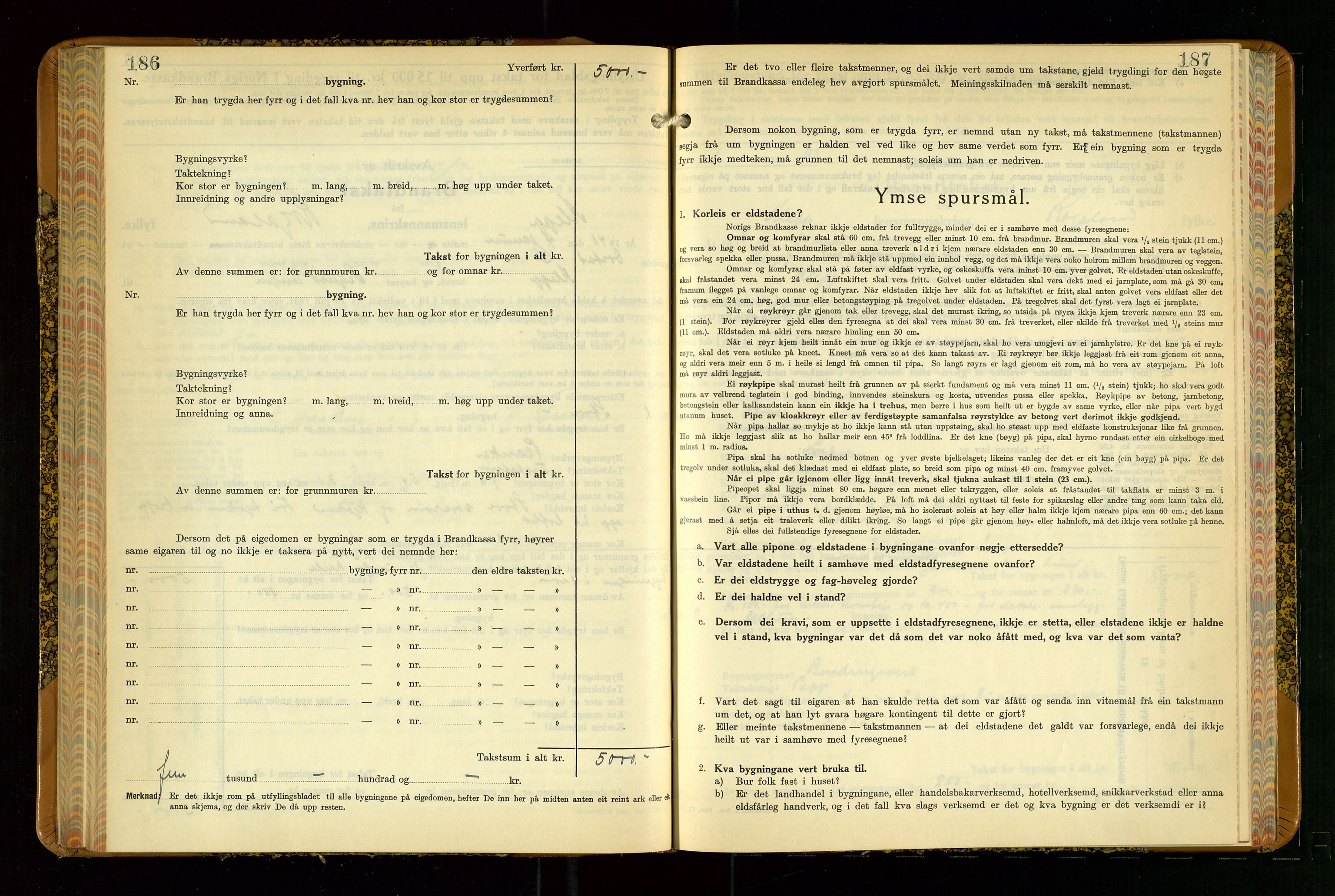 Klepp lensmannskontor, SAST/A-100163/Goc/L0015: "Branntakstbok" m/register, 1939-1947, s. 186-187