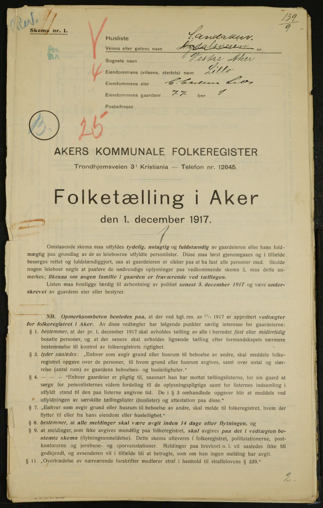 OBA, Kommunal folketelling 1.12.1917 for Aker, 1917, s. 13447