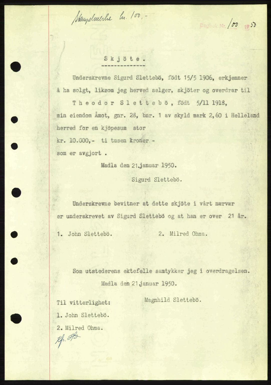 Dalane sorenskriveri, SAST/A-100309/02/G/Gb/L0054: Pantebok nr. A14, 1949-1950, Dagboknr: 100/1950