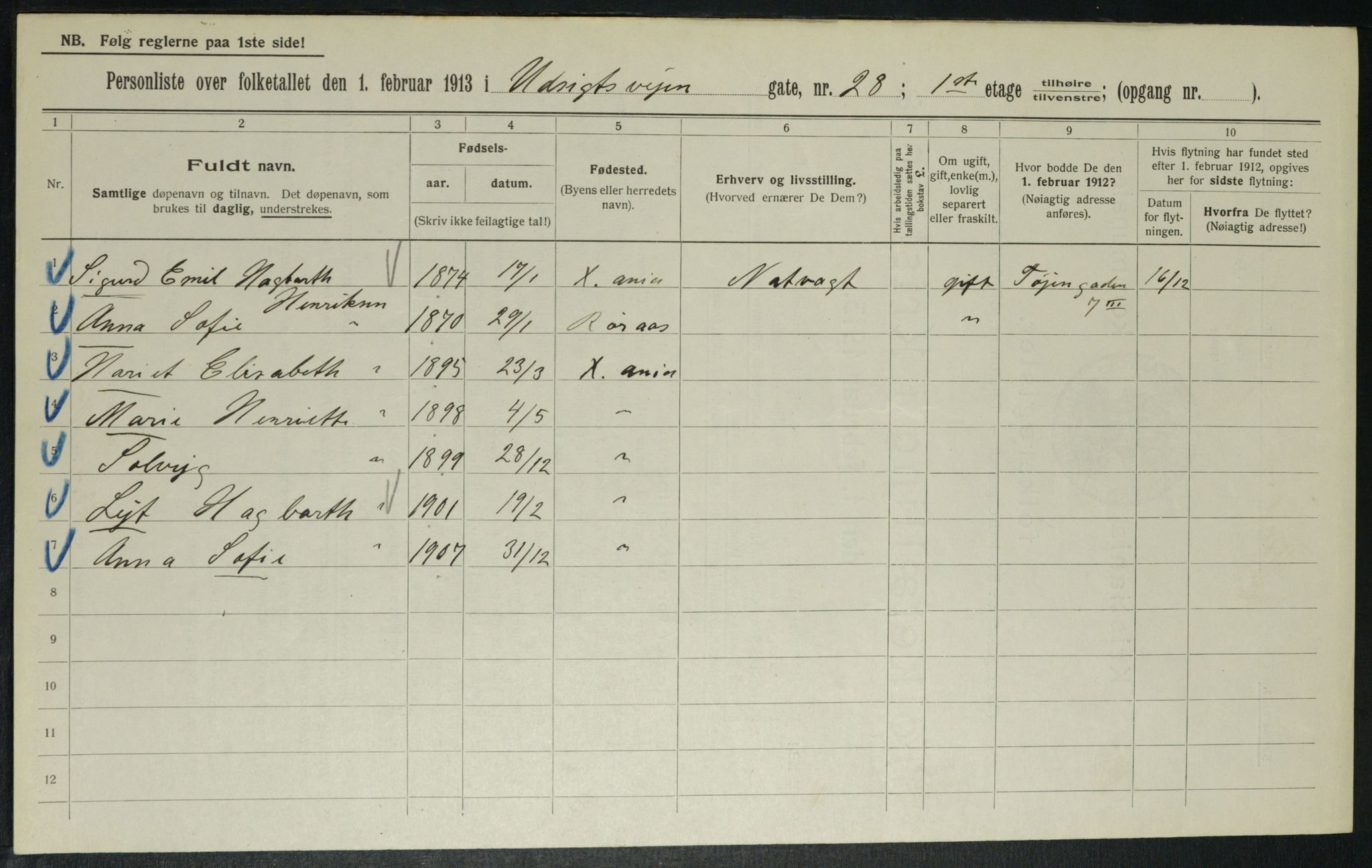 OBA, Kommunal folketelling 1.2.1913 for Kristiania, 1913, s. 121303