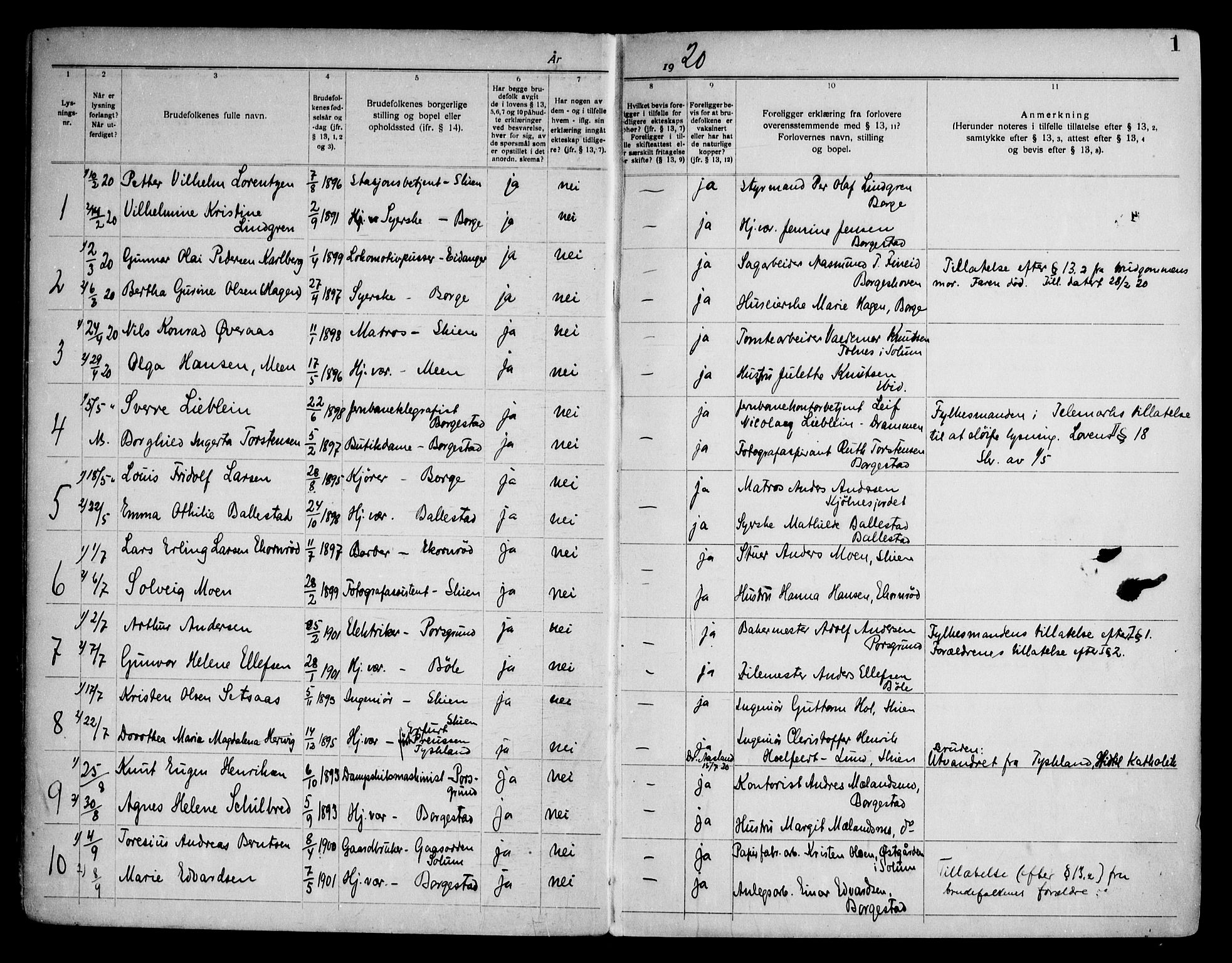 Gjerpen kirkebøker, AV/SAKO-A-265/H/Hb/L0001: Lysningsprotokoll nr. II 1, 1920-1950, s. 1