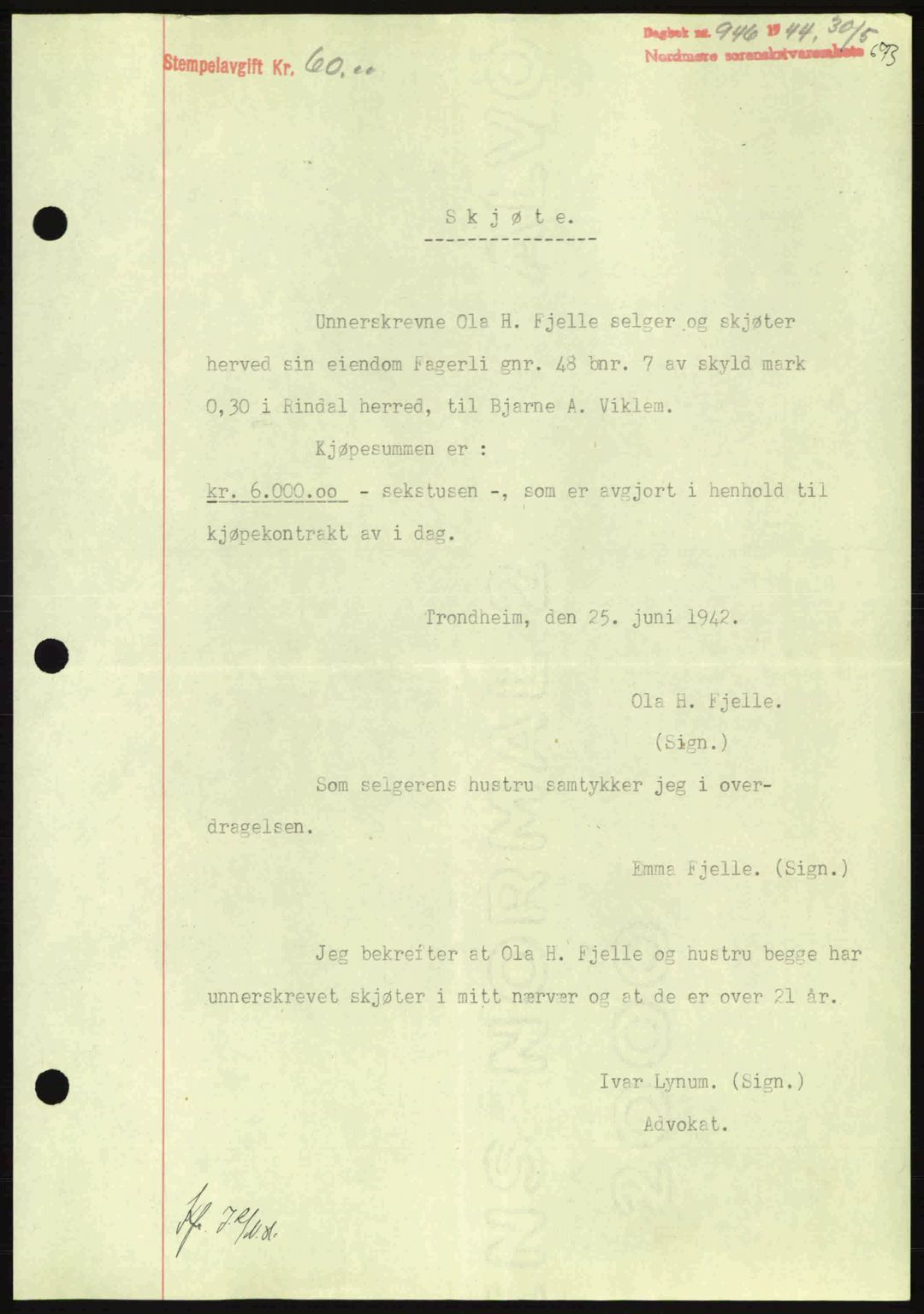 Nordmøre sorenskriveri, AV/SAT-A-4132/1/2/2Ca: Pantebok nr. A97, 1944-1944, Dagboknr: 946/1944