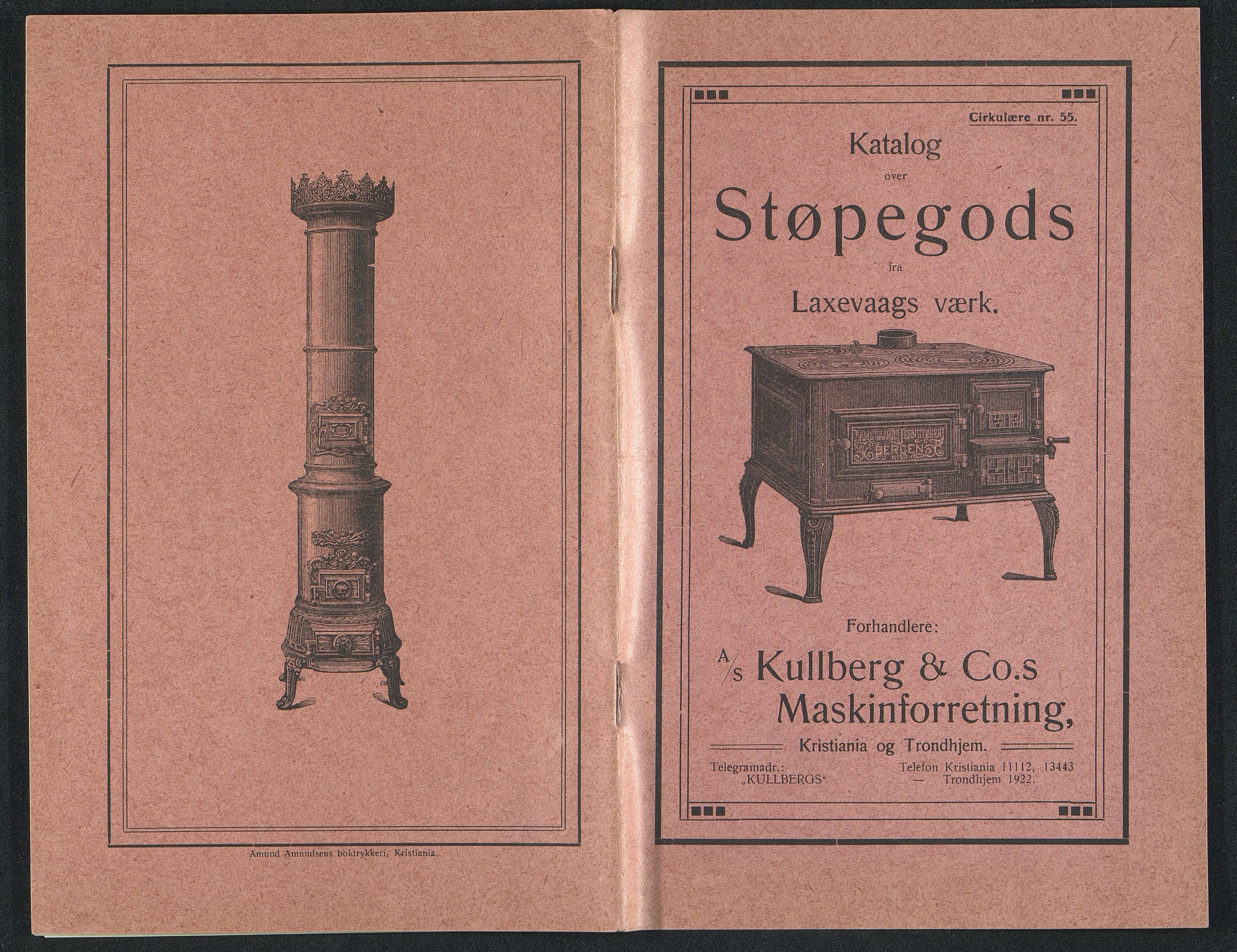 Næs Jernverksmuseets samling av historiske ovnskataloger, NESJ/NJM-006/01/L0055: Laxevaags værk, Katalog over støpegods, Circulaire nr. 55, uten år, 1900-1940