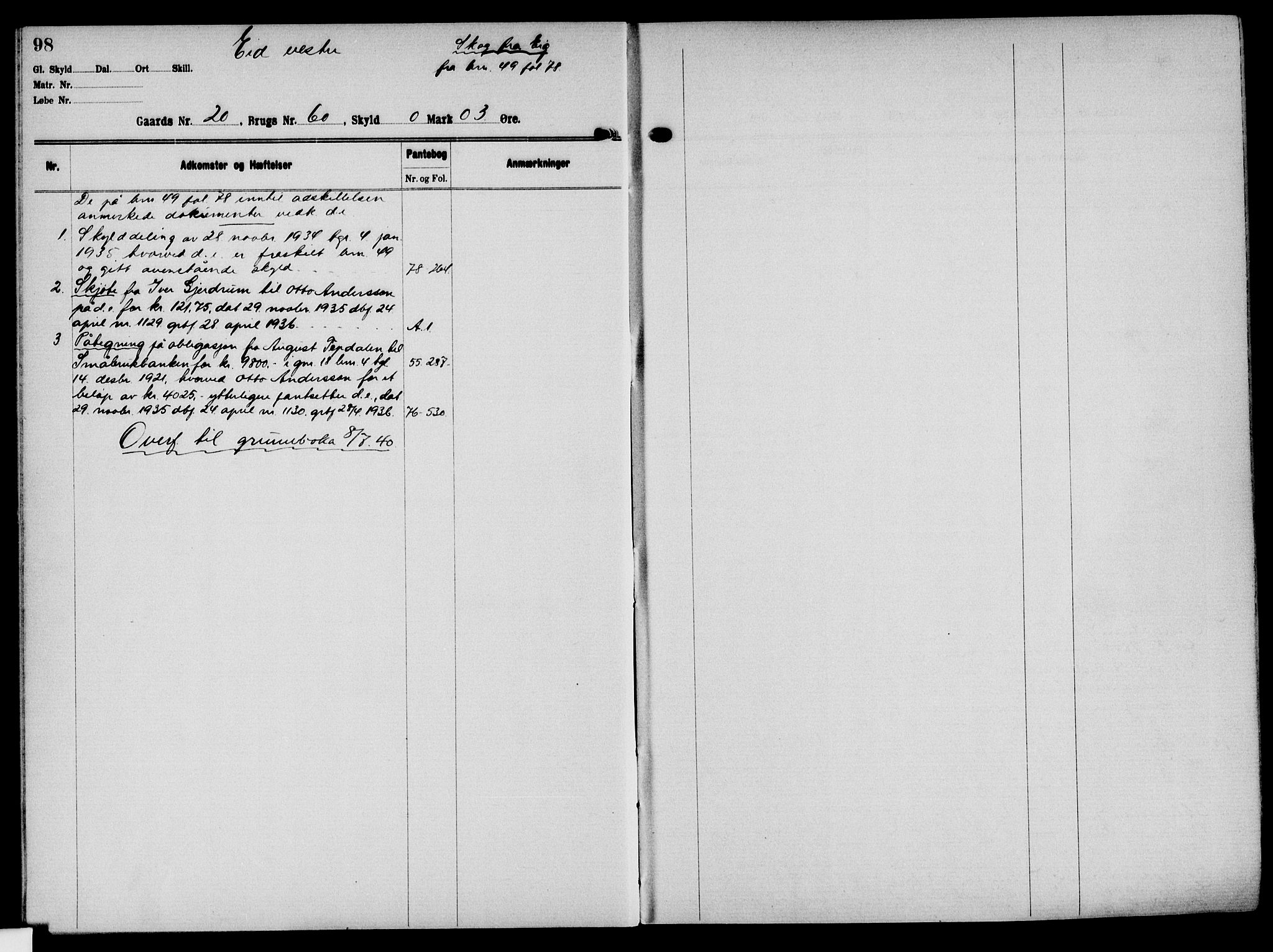 Solør tingrett, AV/SAH-TING-008/H/Ha/Hak/L0002: Panteregister nr. II, 1900-1935, s. 98