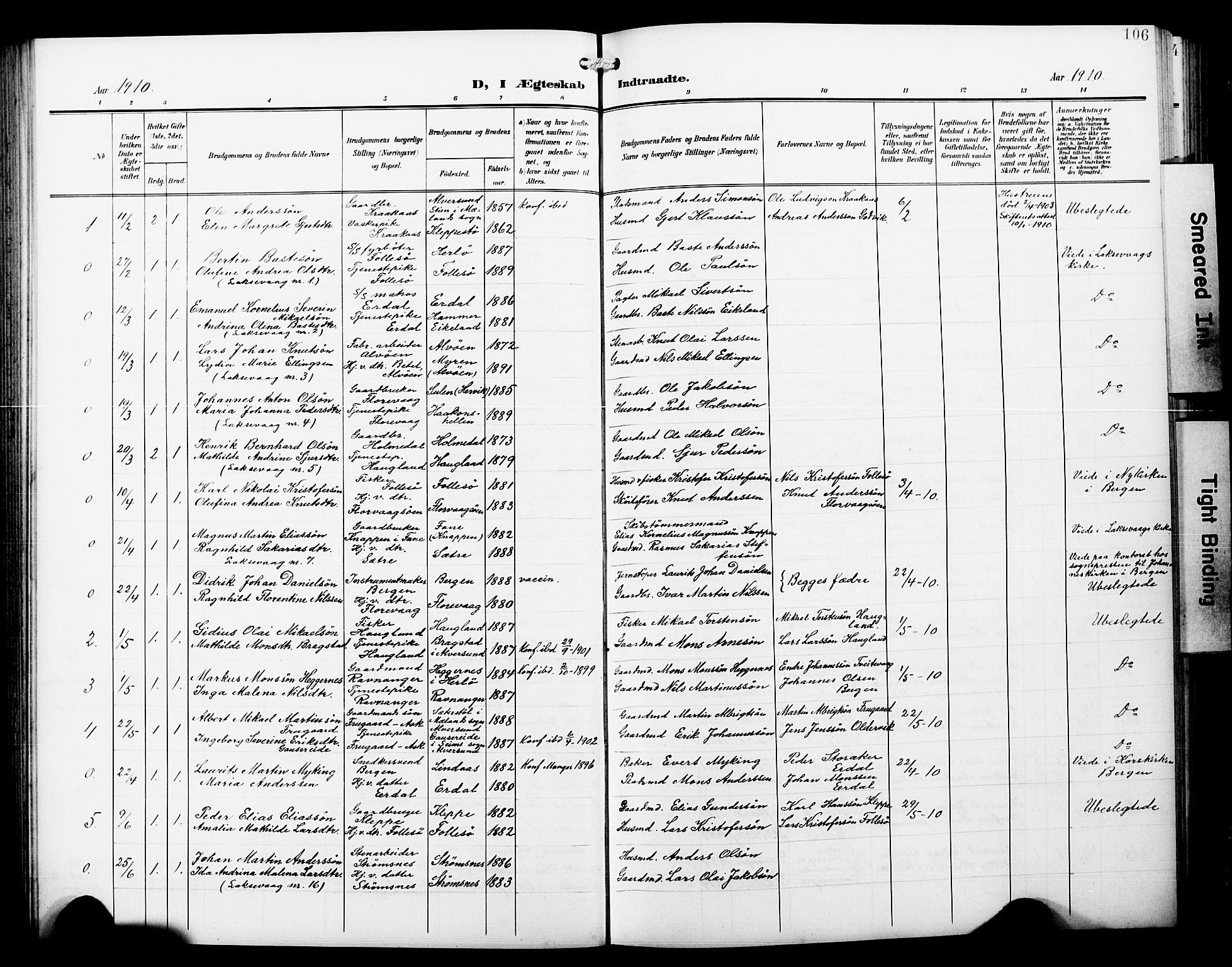 Askøy Sokneprestembete, AV/SAB-A-74101/H/Ha/Hab/Haba/L0014: Klokkerbok nr. A 14, 1904-1927, s. 106