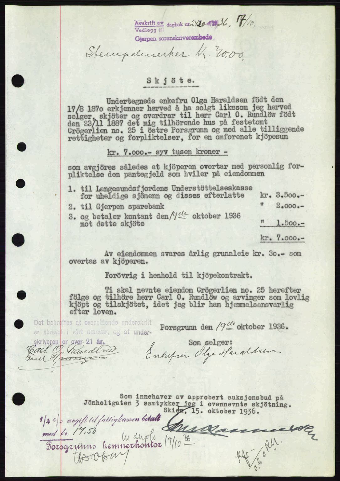 Gjerpen sorenskriveri, SAKO/A-216/G/Ga/Gae/L0067: Pantebok nr. A-66 - A-68, 1936-1937, Dagboknr: 2420/1936