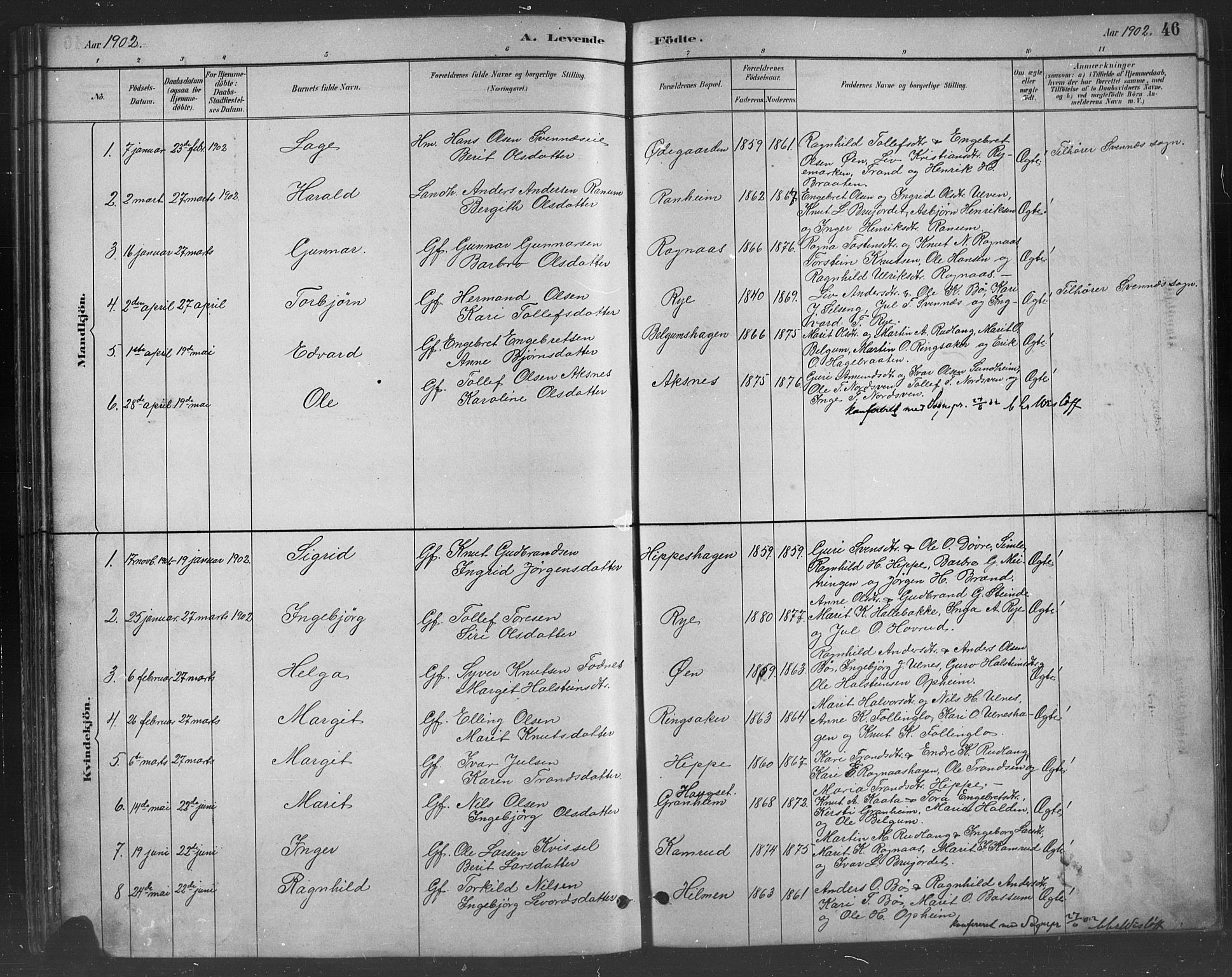 Nord-Aurdal prestekontor, AV/SAH-PREST-132/H/Ha/Hab/L0008: Klokkerbok nr. 8, 1883-1916, s. 46