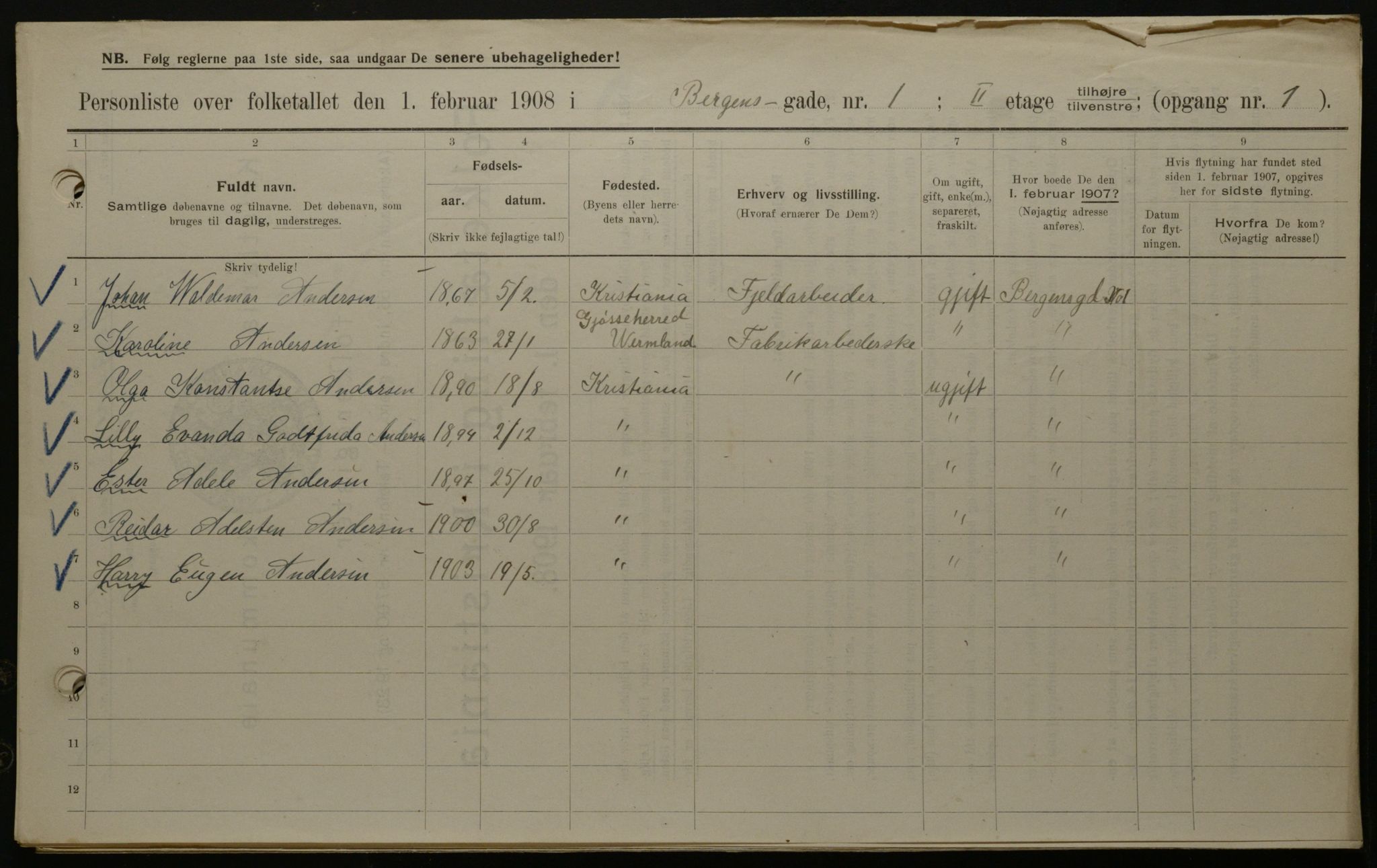 OBA, Kommunal folketelling 1.2.1908 for Kristiania kjøpstad, 1908, s. 3750