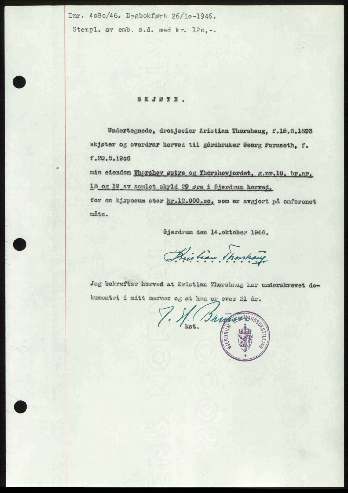 Nedre Romerike sorenskriveri, AV/SAO-A-10469/G/Gb/Gbd/L0017: Pantebok nr. 17, 1946-1946, Dagboknr: 4080/1946