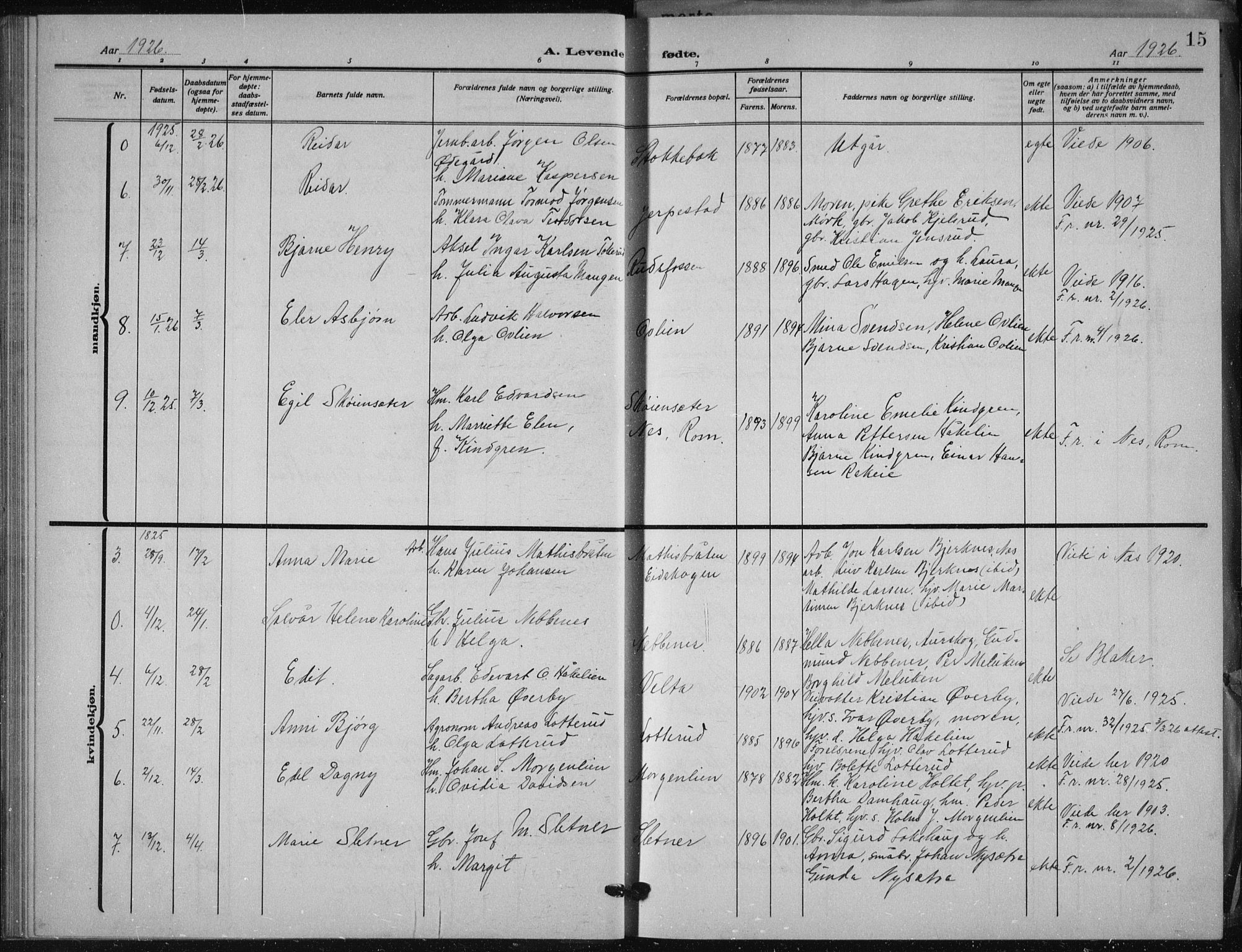 Aurskog prestekontor Kirkebøker, AV/SAO-A-10304a/G/Ga/L0006: Klokkerbok nr. I 6, 1923-1939, s. 15