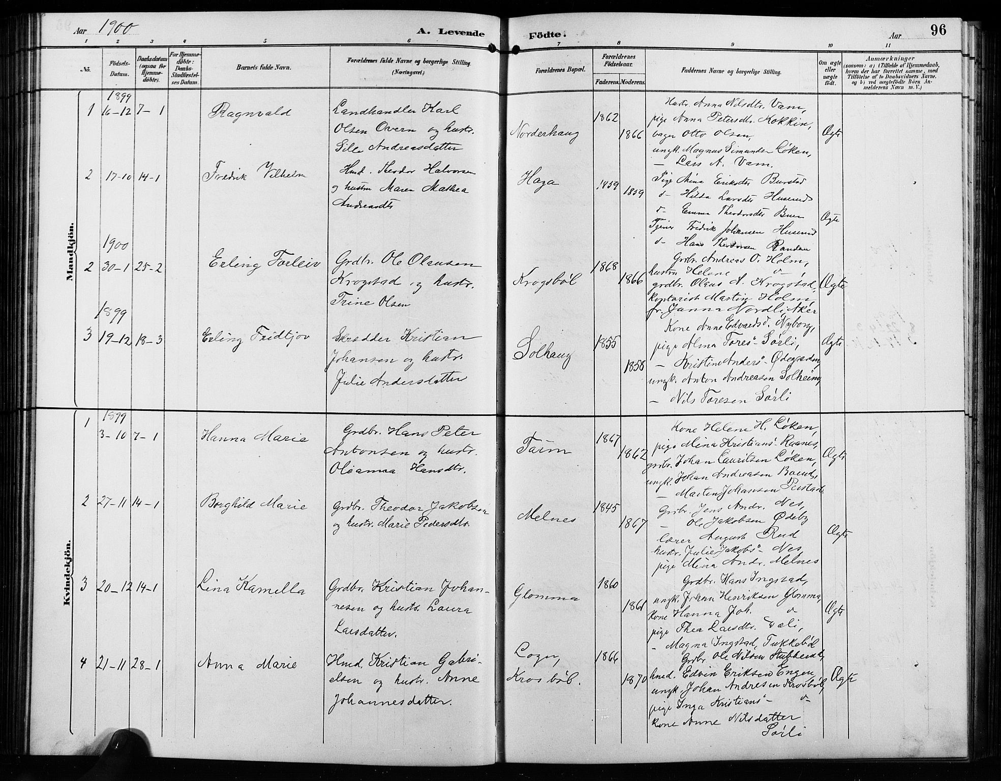 Enebakk prestekontor Kirkebøker, AV/SAO-A-10171c/G/Ga/L0006: Klokkerbok nr. I 6, 1889-1911, s. 96