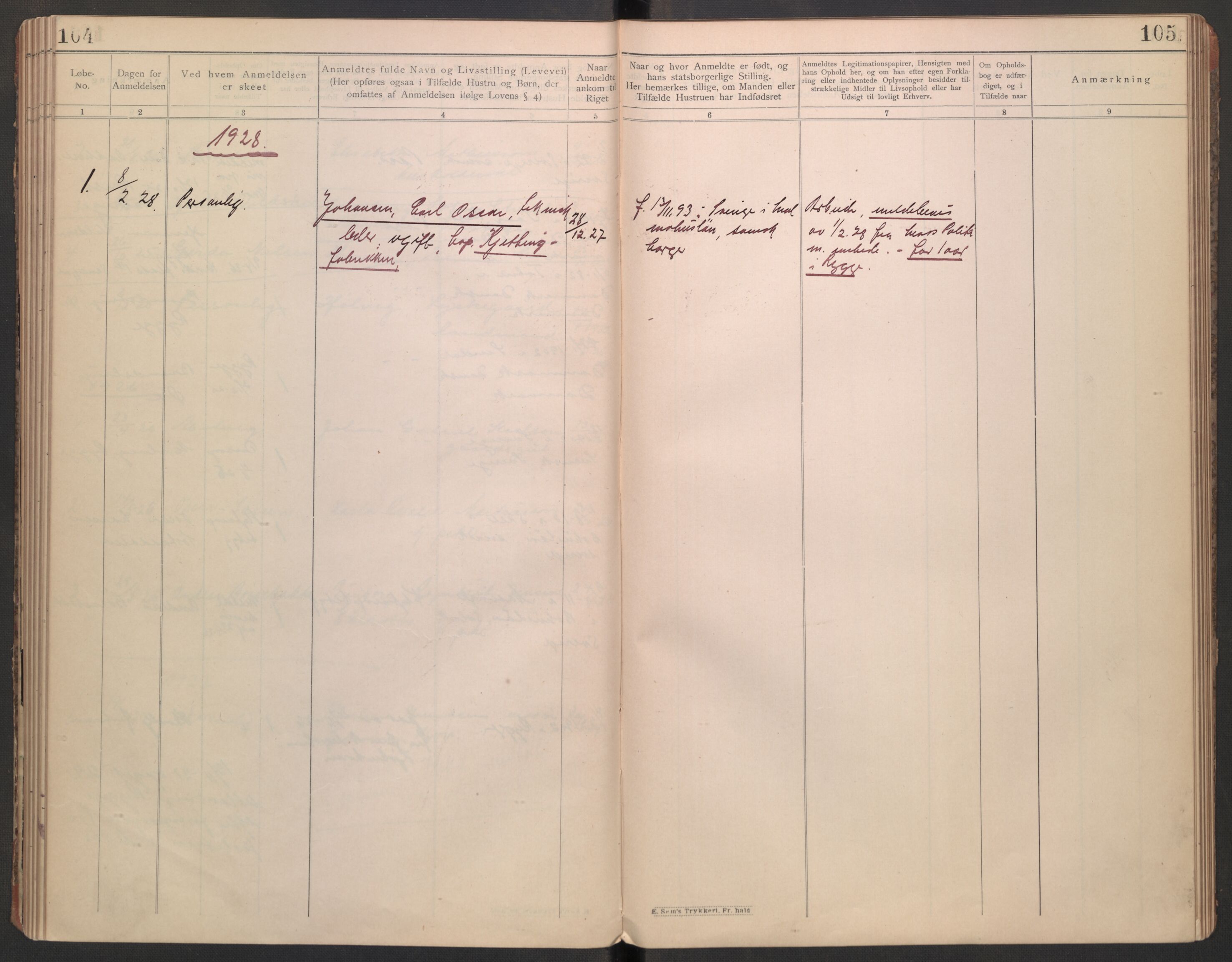 Rygge lensmannskontor, AV/SAO-A-10005/I/Ic/Ica/L0002: Protokoll over fremmede statsborgere, 1902-1928, s. 104-105